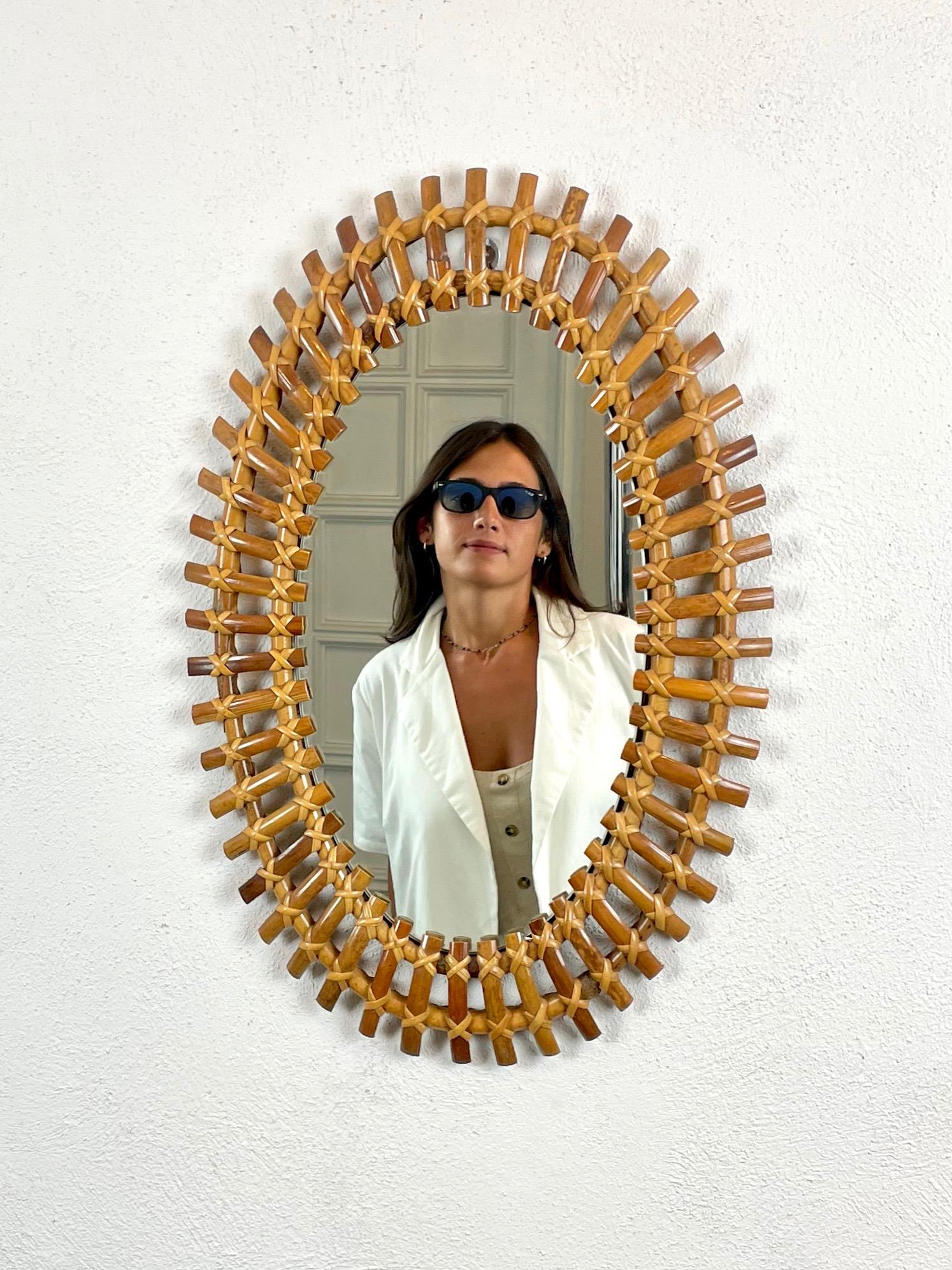 Bamboo & Rattan Oval Wall Mirror, Italy, 1960s In Good Condition In Rome, IT