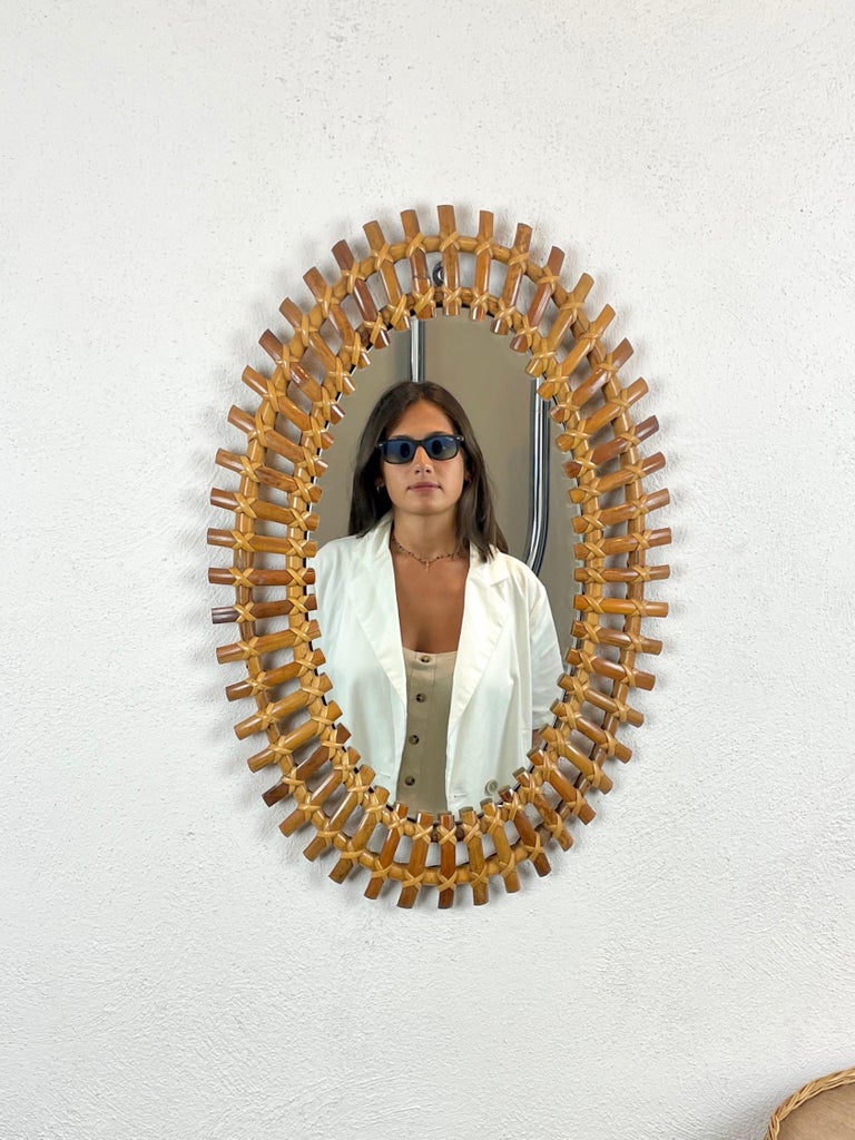 Bamboo & Rattan Oval Wall Mirror, Italy, 1960s For Sale 3