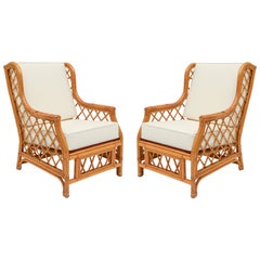 Bamboo Rattan Pair of Vintage Club Chairs, with White Cushions, 1970's, France