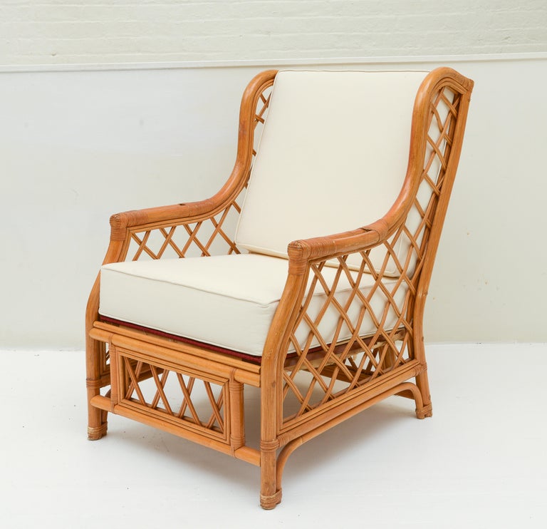 Bamboo Rattan Pair of Vintage Club Chairs, with White Cushions, 1970's