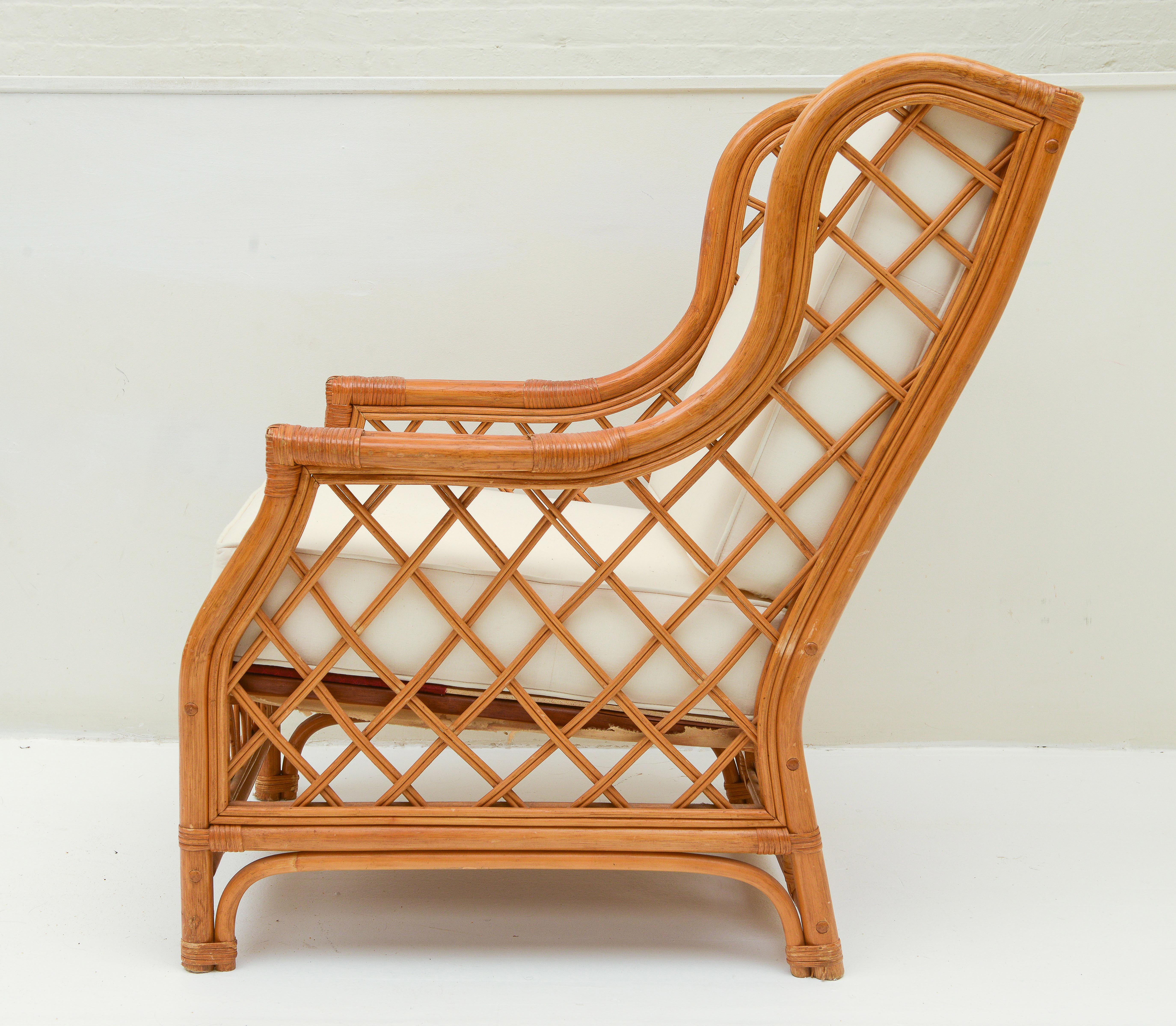 Mid-Century Modern Bamboo Rattan Pair of Vintage Club Chairs, with White Cushions, 1970's, France For Sale