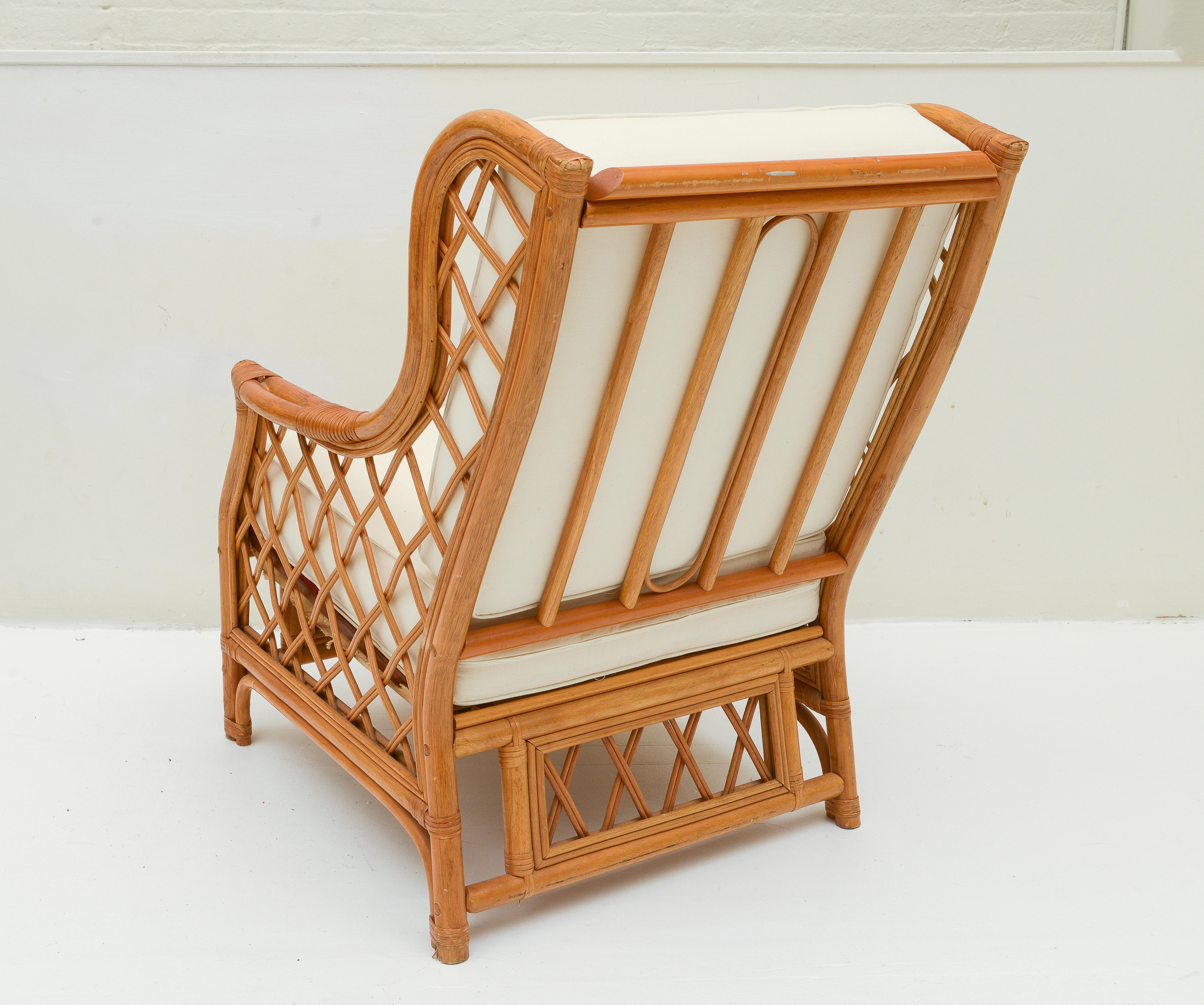 French Bamboo Rattan Pair of Vintage Club Chairs, with White Cushions, 1970's, France For Sale