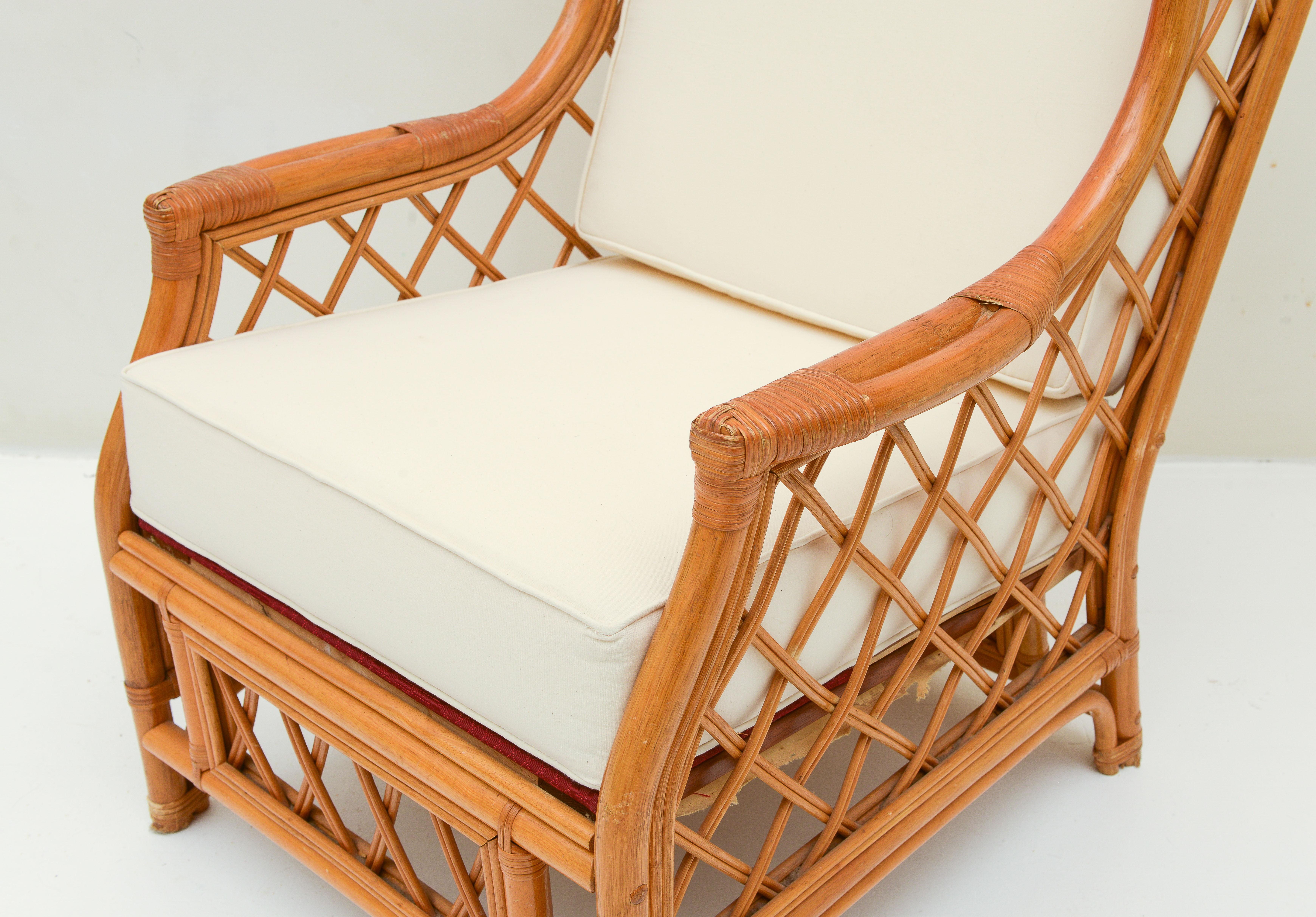 20th Century Bamboo Rattan Pair of Vintage Club Chairs, with White Cushions, 1970's, France For Sale