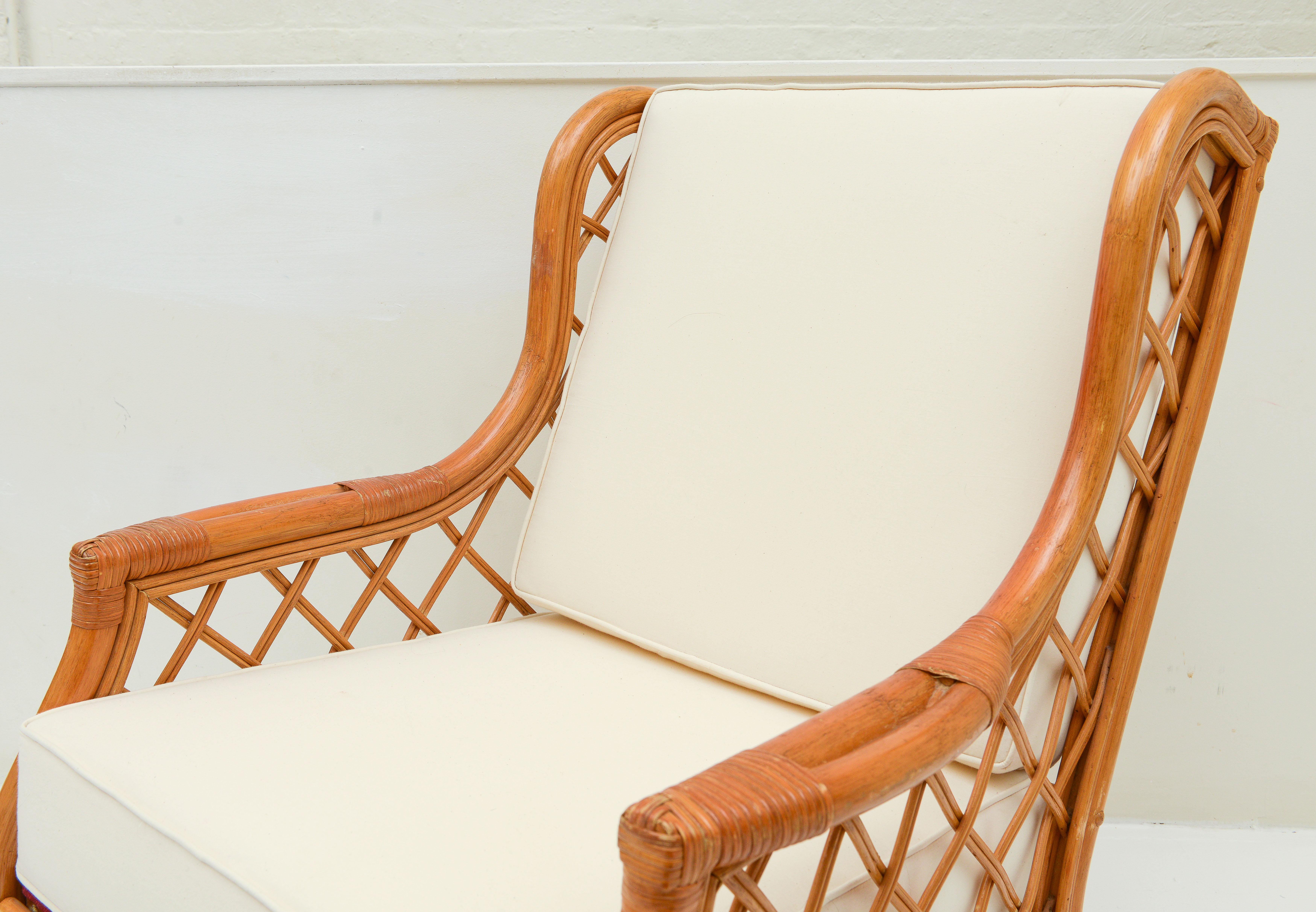 Bamboo Rattan Pair of Vintage Club Chairs, with White Cushions, 1970's, France For Sale 1