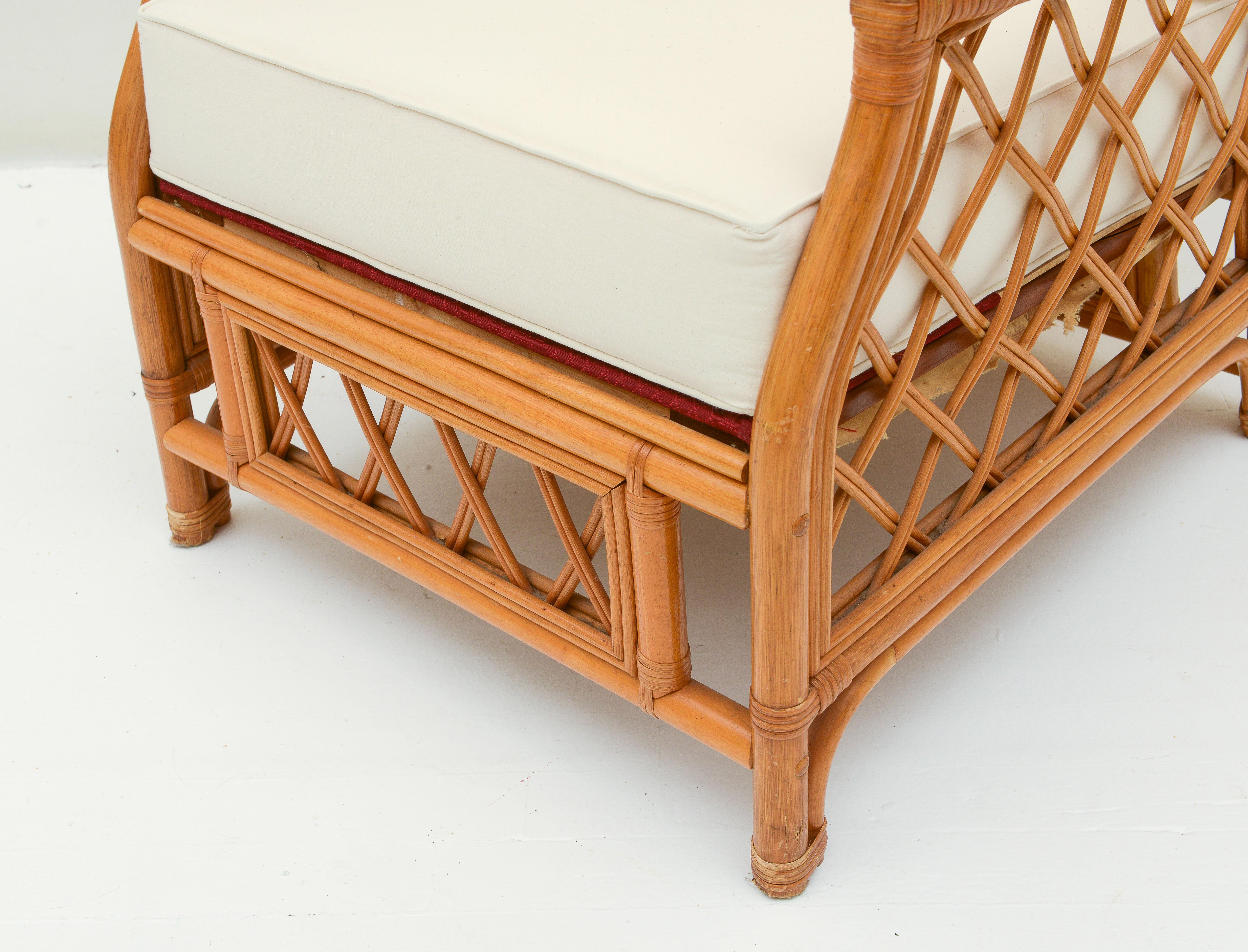 Bamboo Rattan Pair of Vintage Club Chairs, with White Cushions, 1970's, France For Sale 2