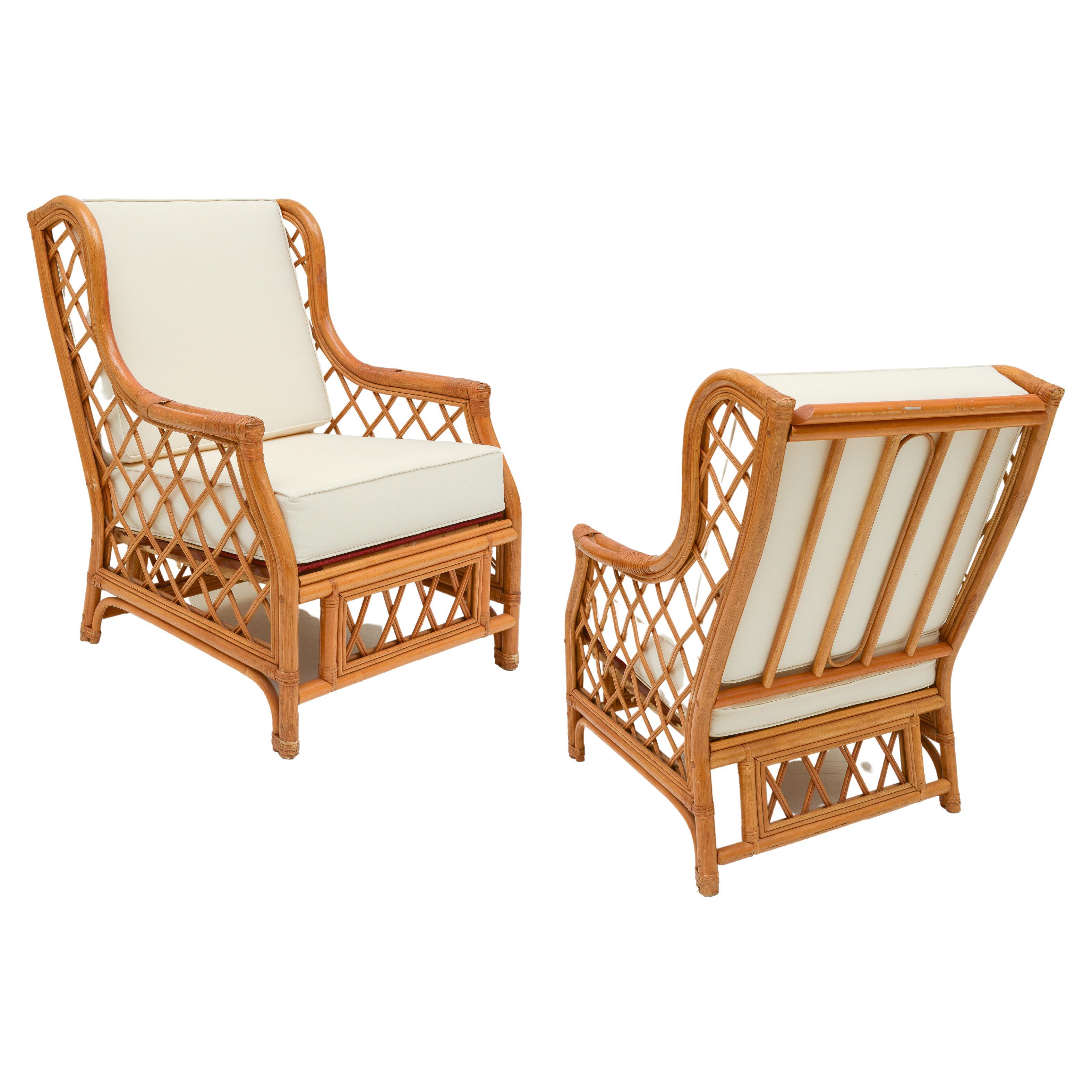 Bamboo Rattan Pair of Vintage Club Chairs, with White Cushions, 1970's, France For Sale