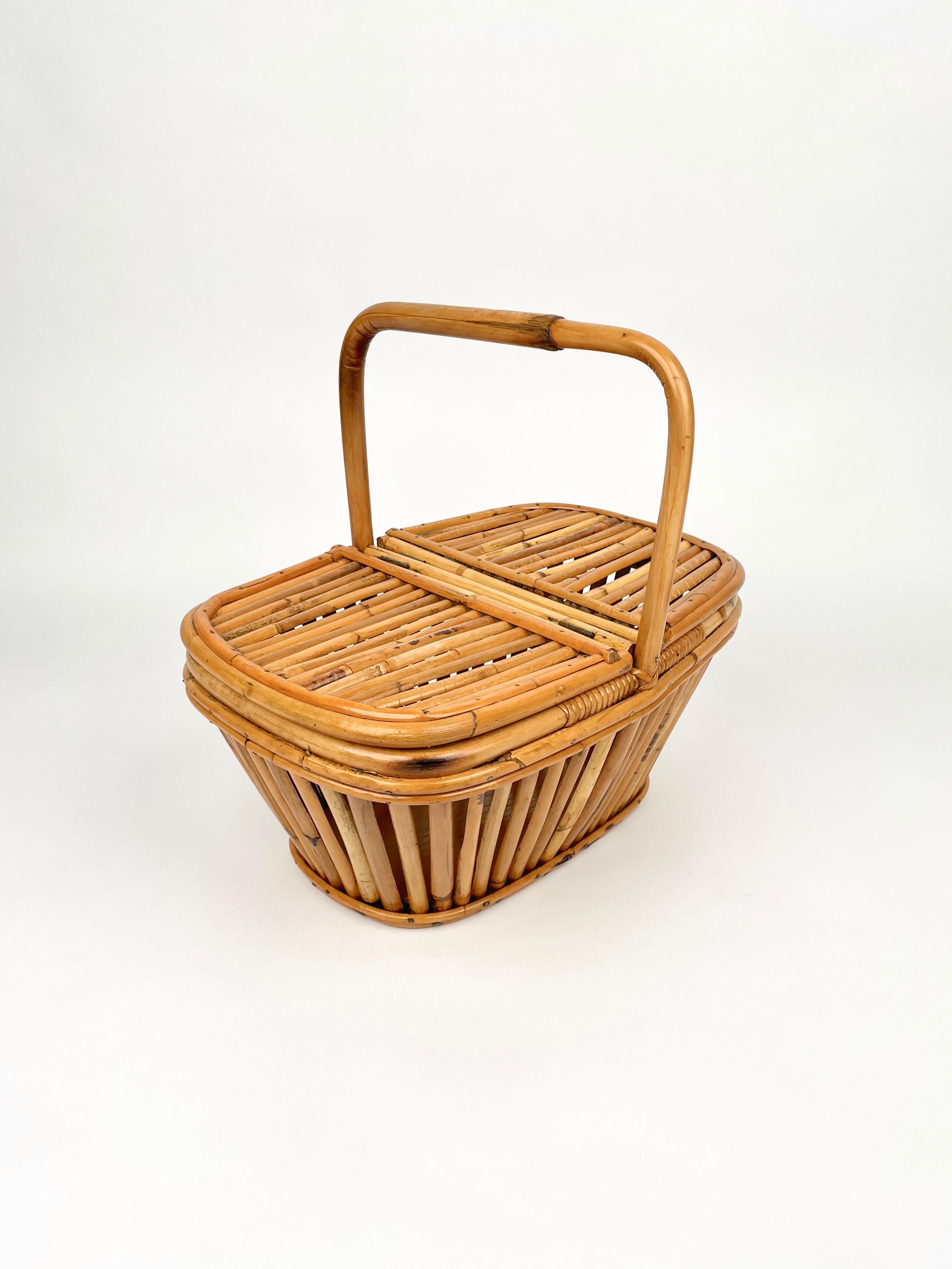 Mid-Century Modern Bamboo & Rattan Picnic Basket, Italy, 1960s For Sale