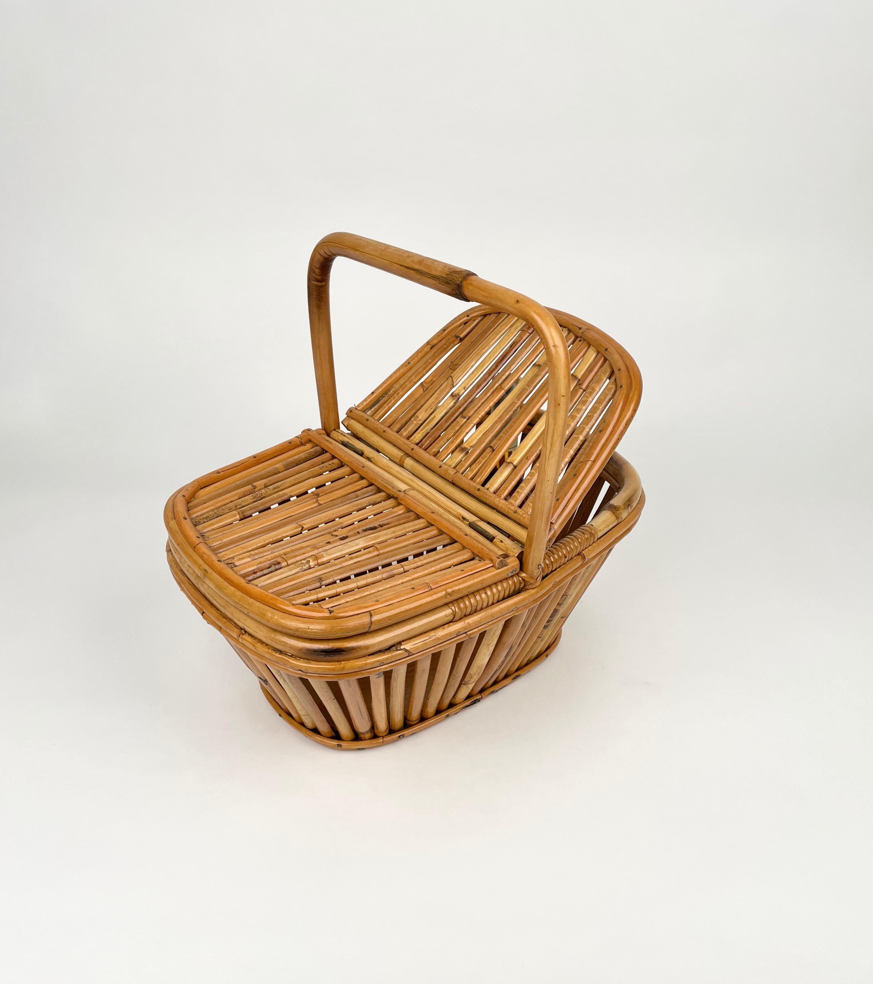 Mid-20th Century Bamboo & Rattan Picnic Basket, Italy, 1960s For Sale