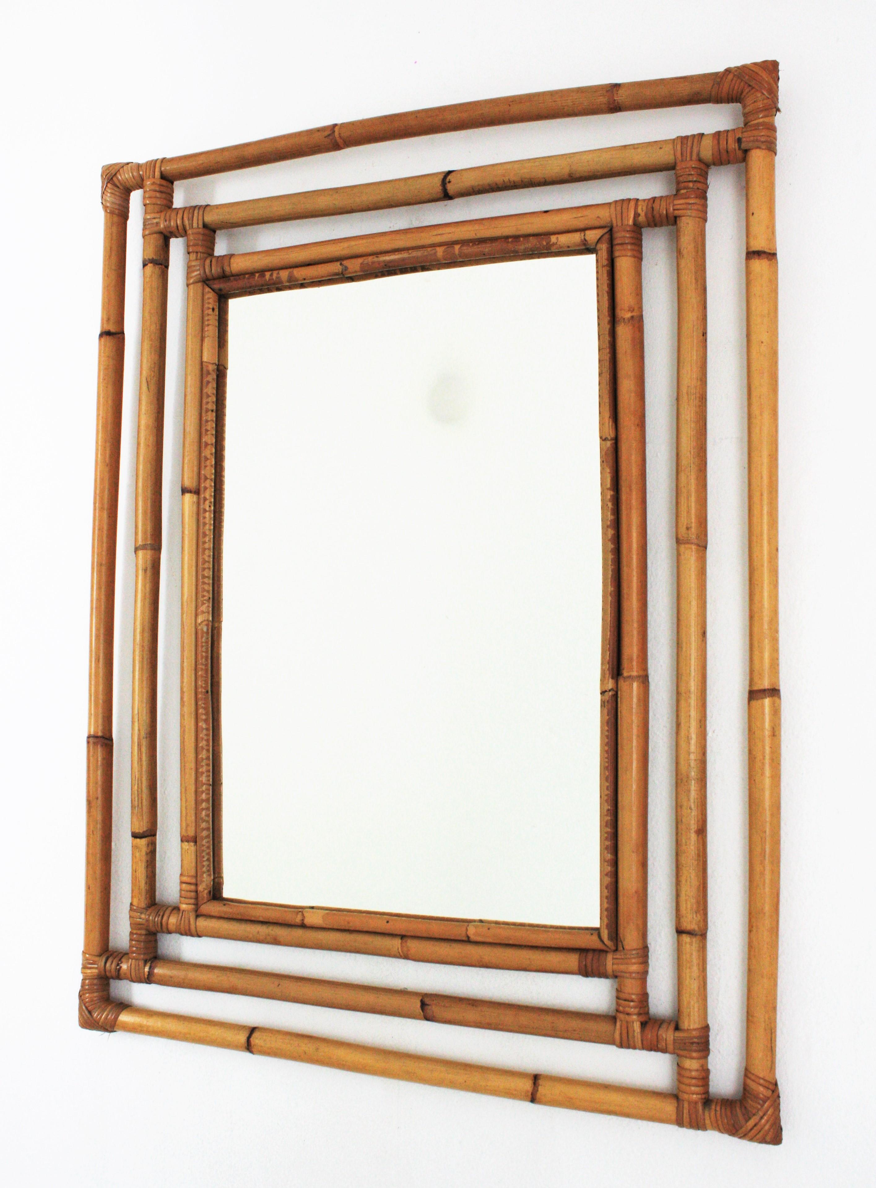 Bamboo Rattan Rectangular Large Mirror with Geometric Frame, 1960s 1