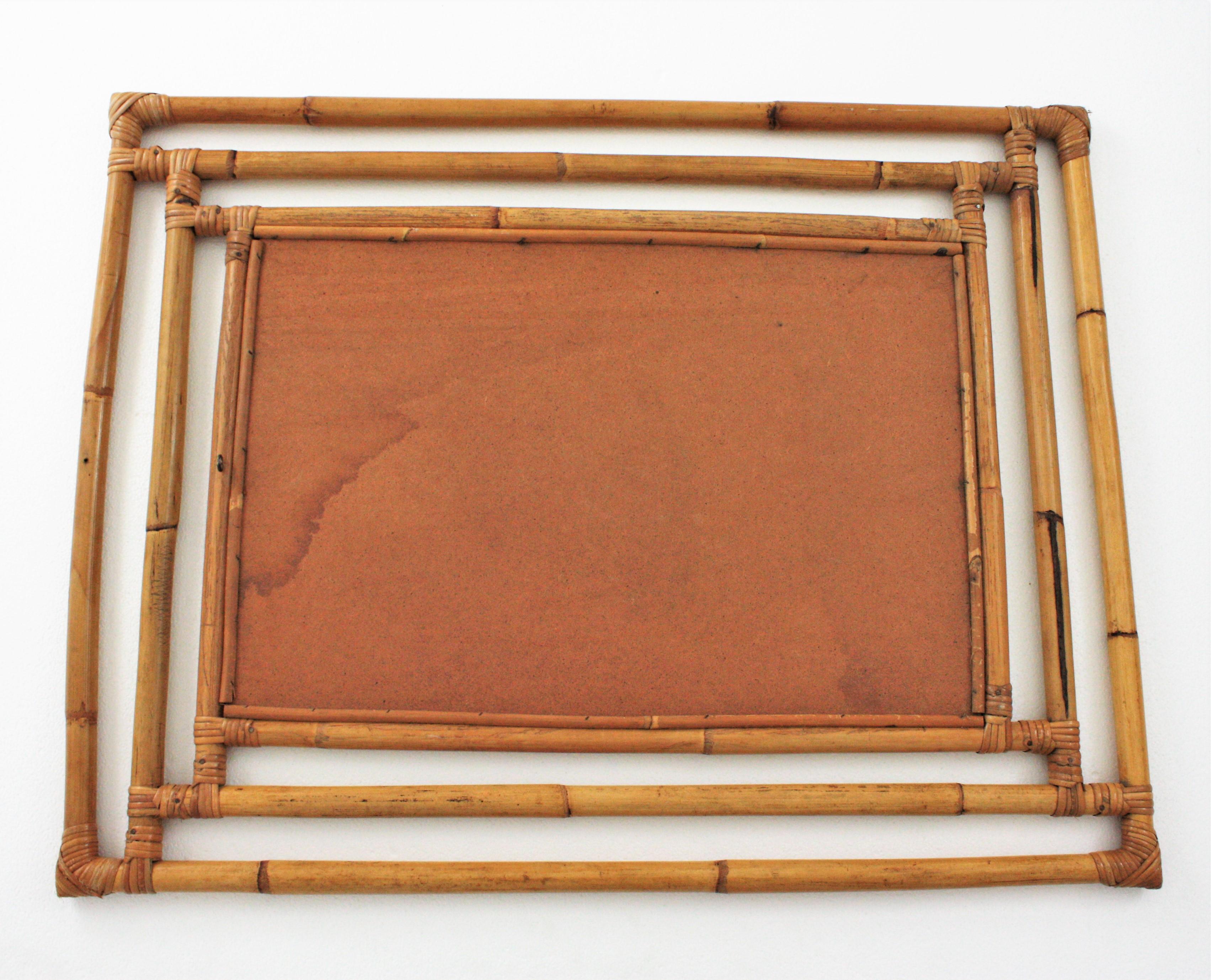 20th Century Bamboo Rattan Rectangular Large Mirror with Geometric Frame, 1960s