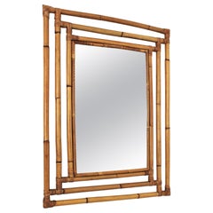 Bamboo Rattan Rectangular Large Mirror with Geometric Frame, 1960s