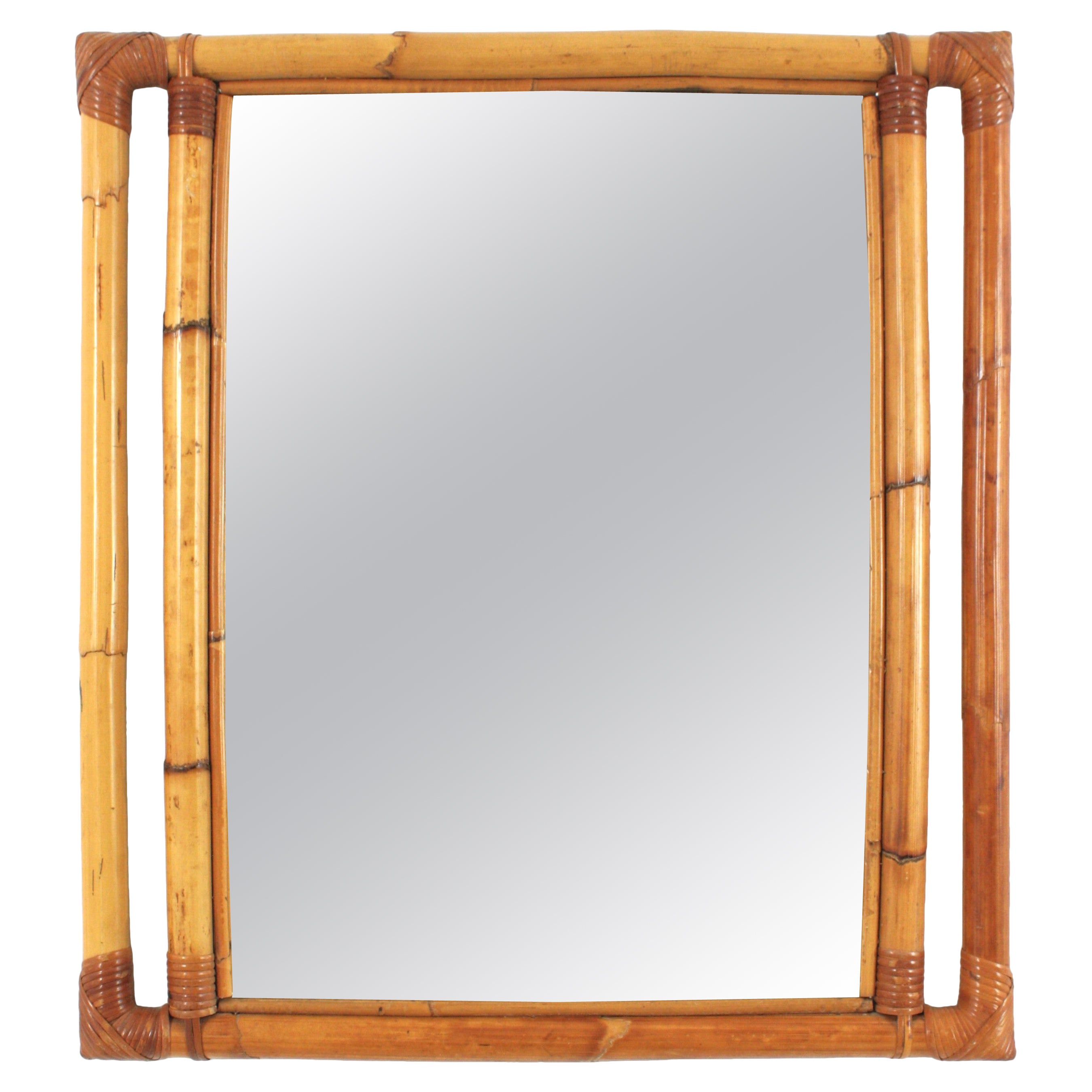 Bamboo Rattan Rectangular Mirror with Geometric Frame, Spain 1960
