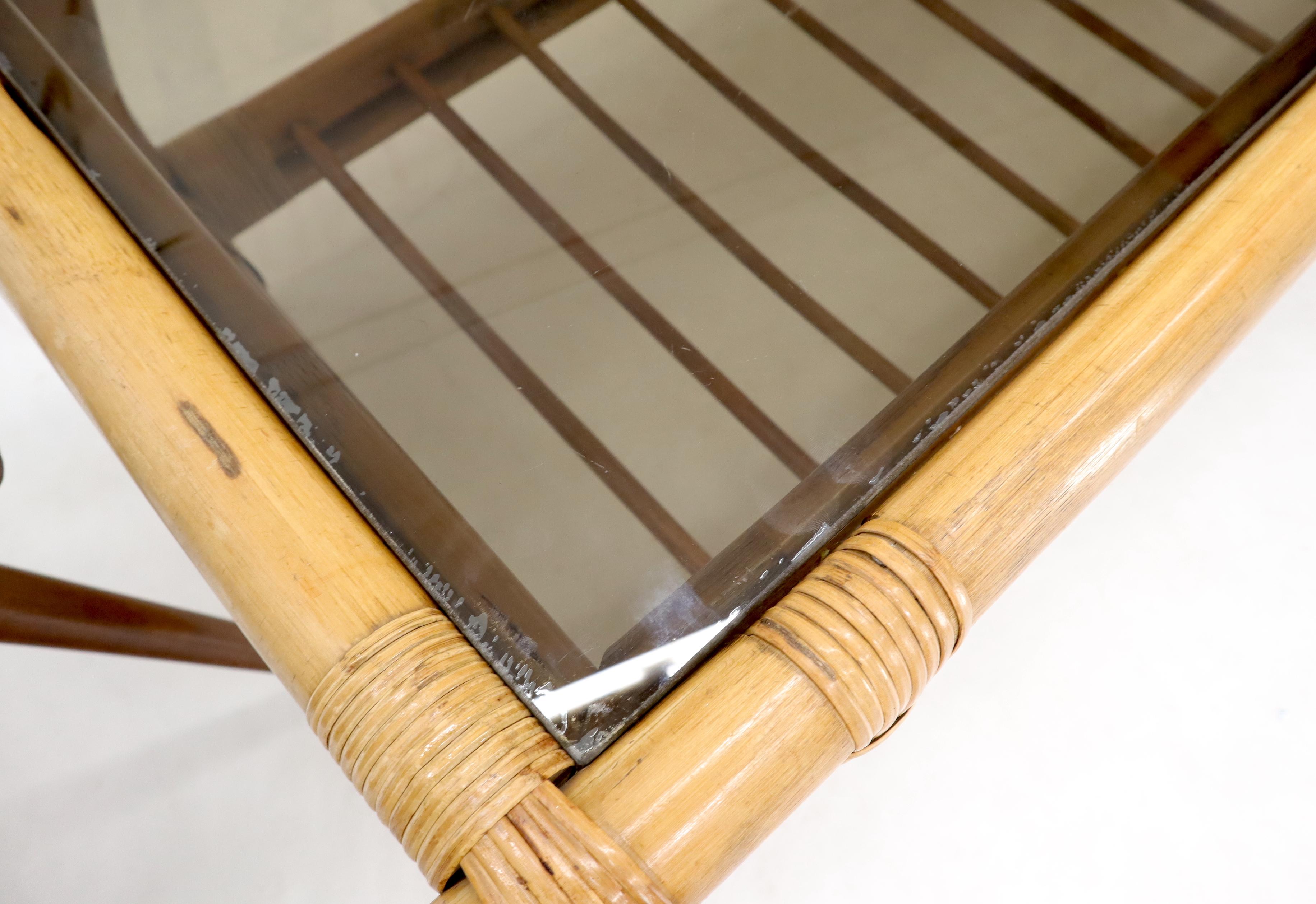 Bamboo Rattan Rectangular Smoked Glass Top Coffee Table with Dowel Bottom Shelf For Sale 1