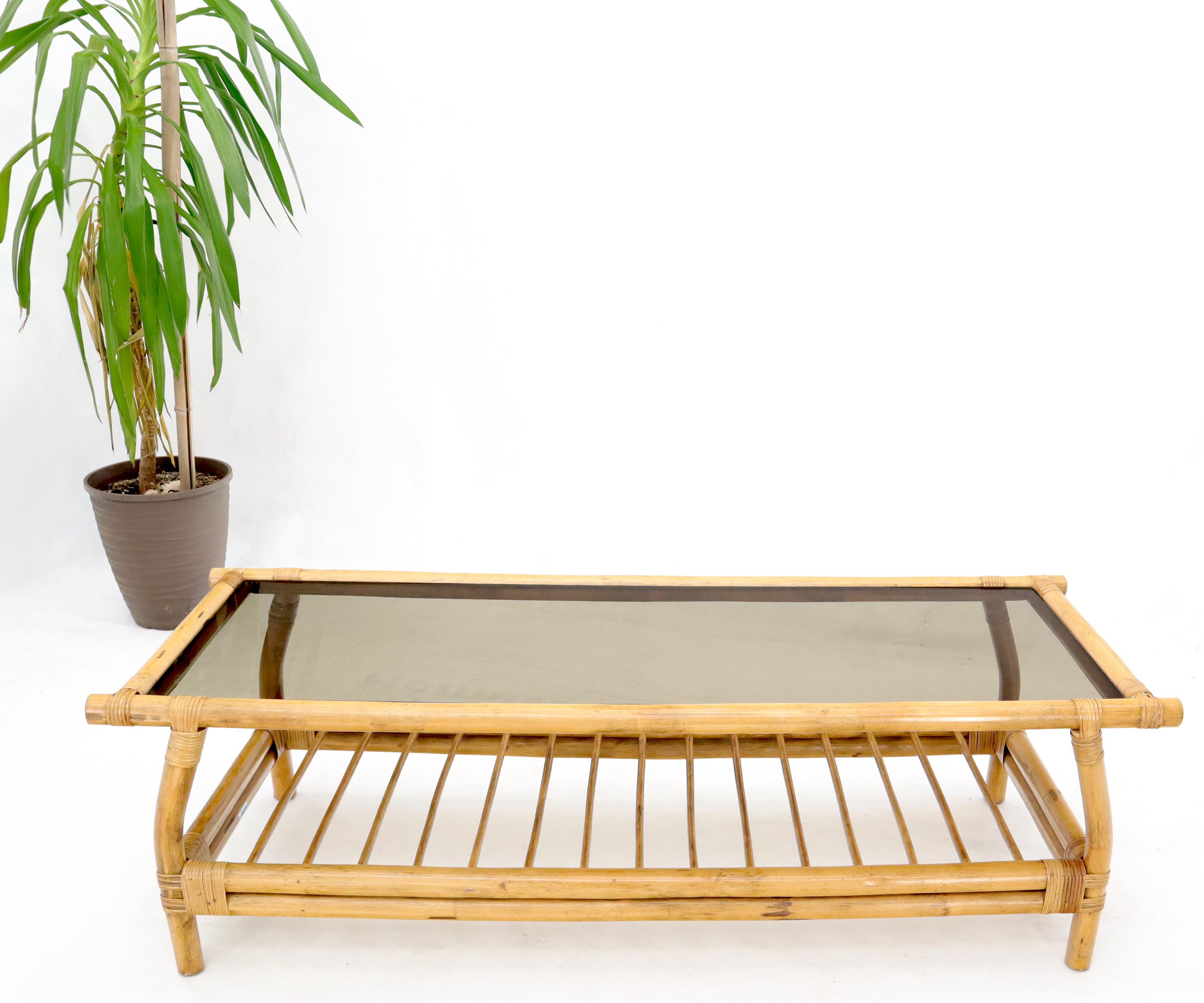 Mid-Century Modern bamboo bronze glass top rectangular coffee table.