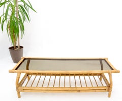 Bamboo Rattan Rectangular Smoked Glass Top Coffee Table with Dowel Bottom Shelf