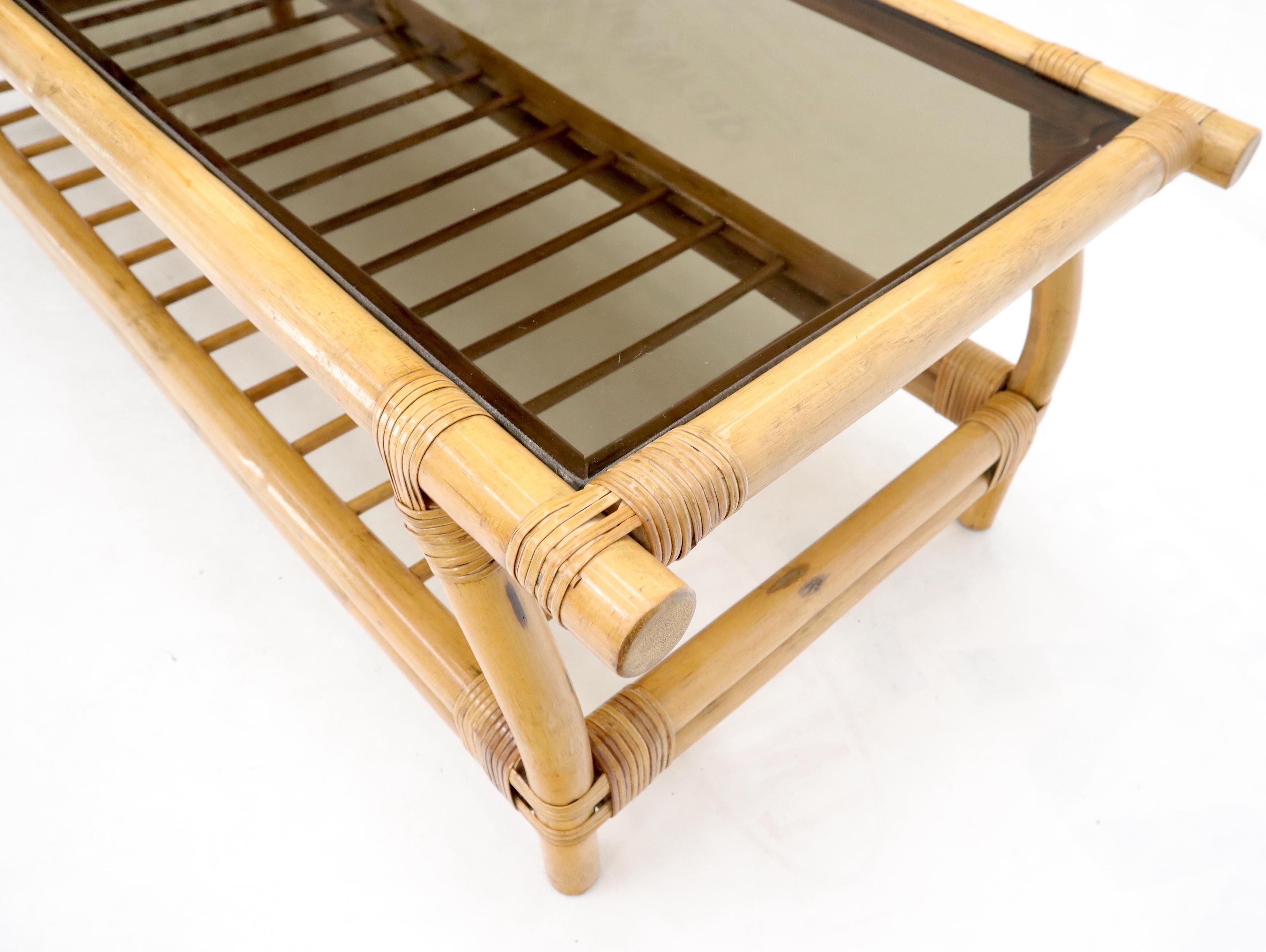 Mid-Century Modern Bamboo Rattan Rectangular Smoked Glass Top Coffee Table with Dowel Bottom Shelf For Sale