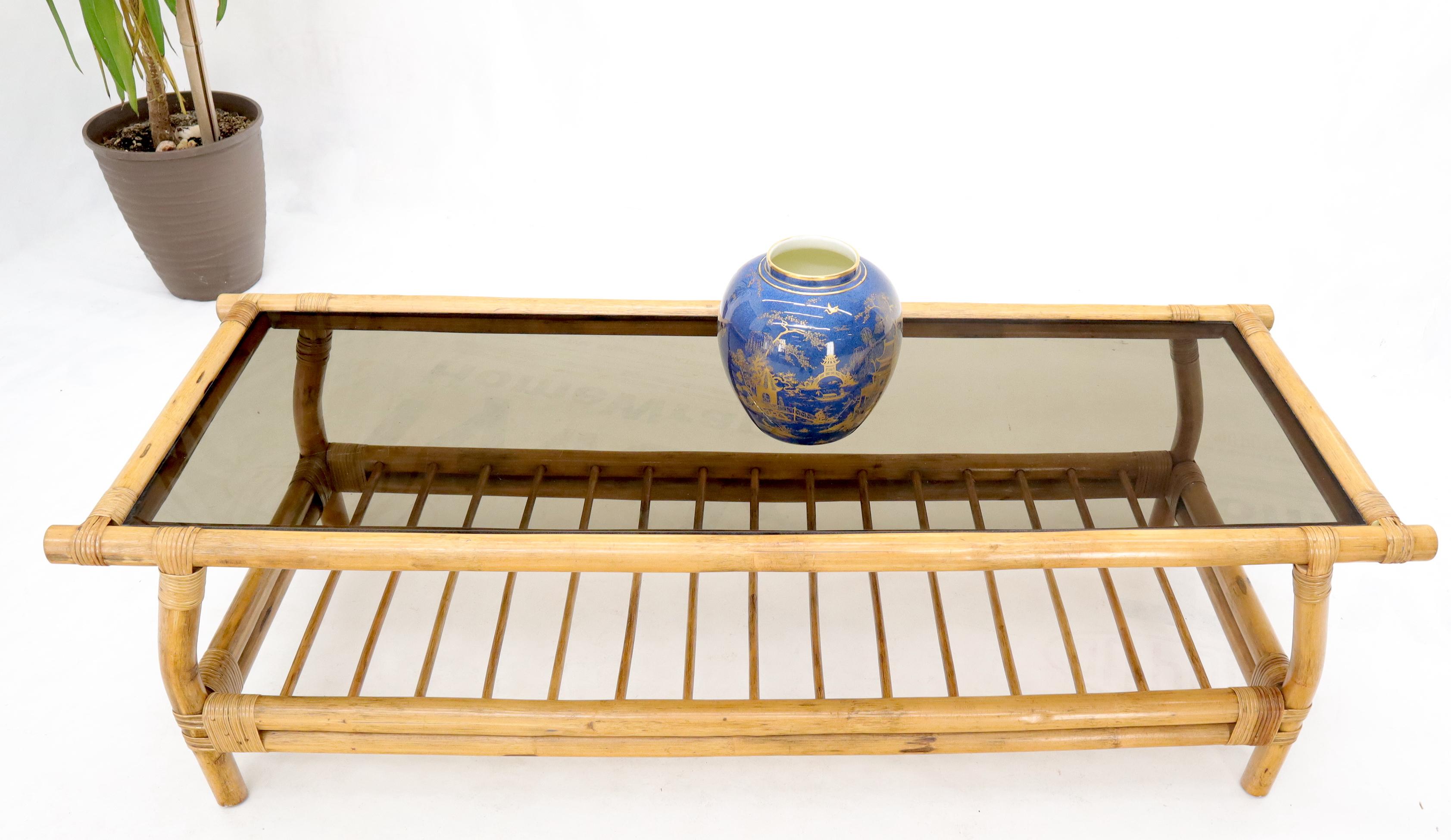 Bamboo Rattan Rectangular Smoked Glass Top Coffee Table with Dowel Bottom Shelf In Good Condition For Sale In Rockaway, NJ