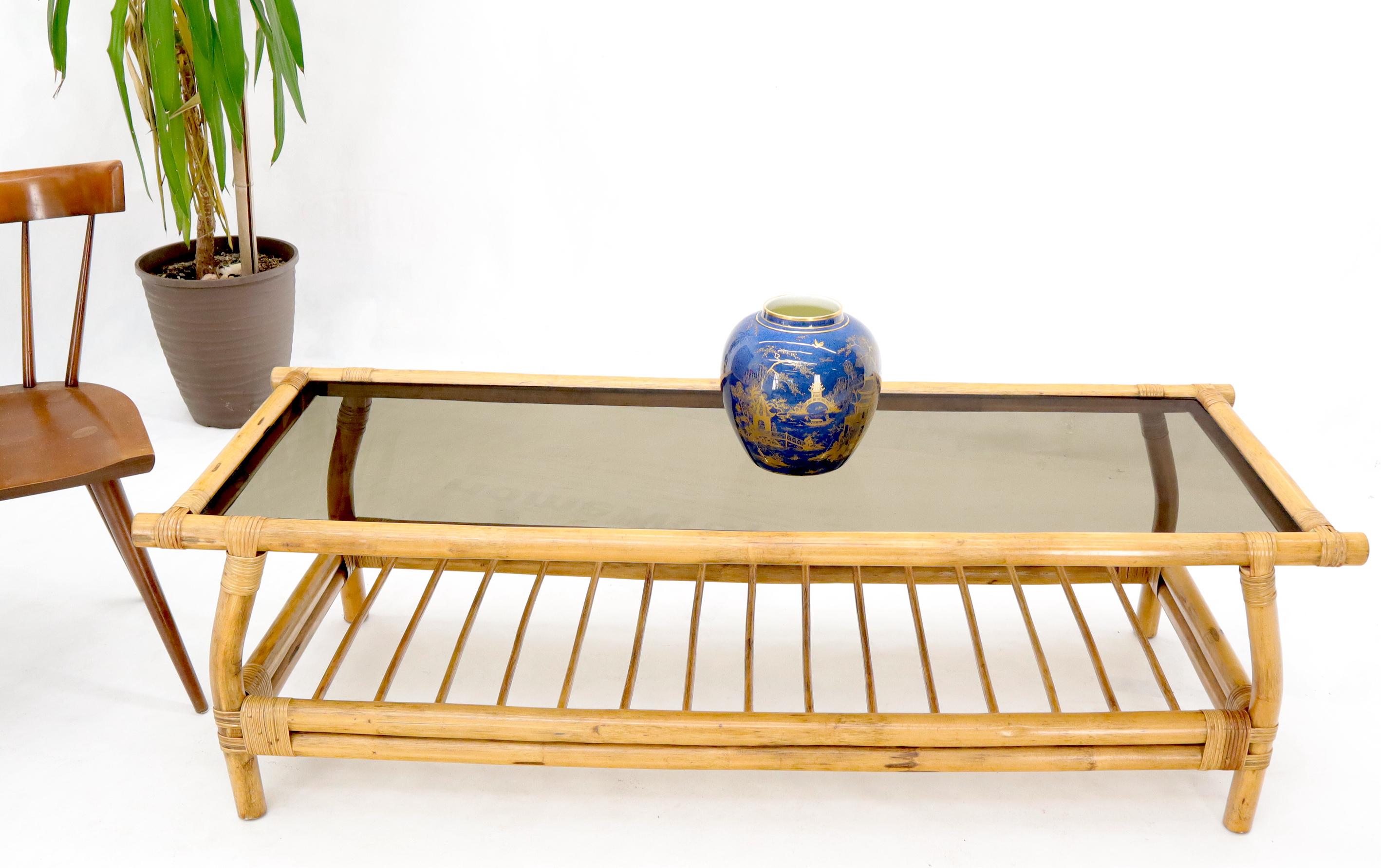 20th Century Bamboo Rattan Rectangular Smoked Glass Top Coffee Table with Dowel Bottom Shelf For Sale