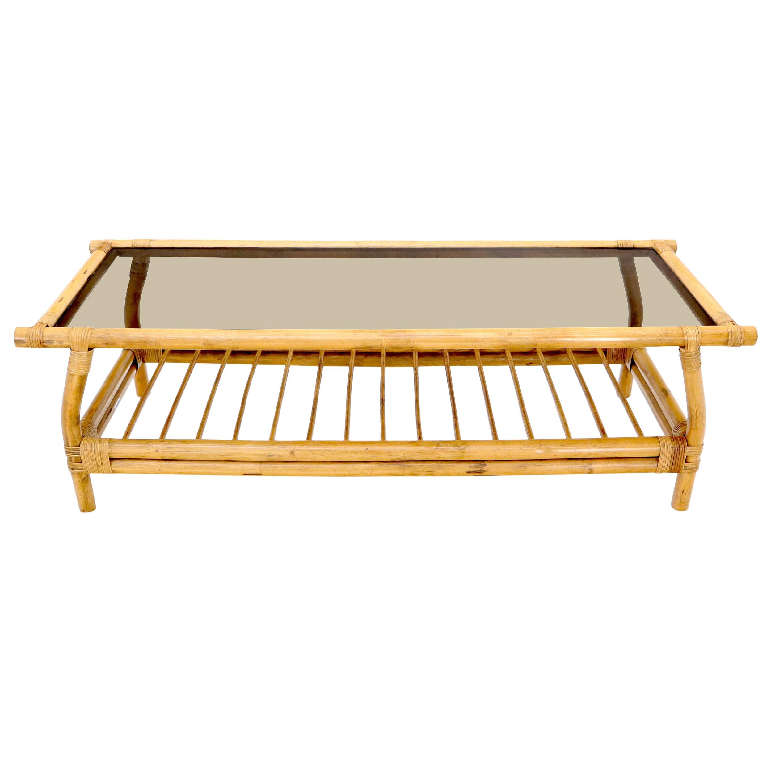 Bamboo Rattan Rectangular Smoked Glass Top Coffee Table with Dowel Bottom Shelf For Sale