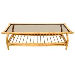 Vintage Bamboo Rattan Rectangular Smoked Glass Top Coffee Table with Dowel Bottom Shelf