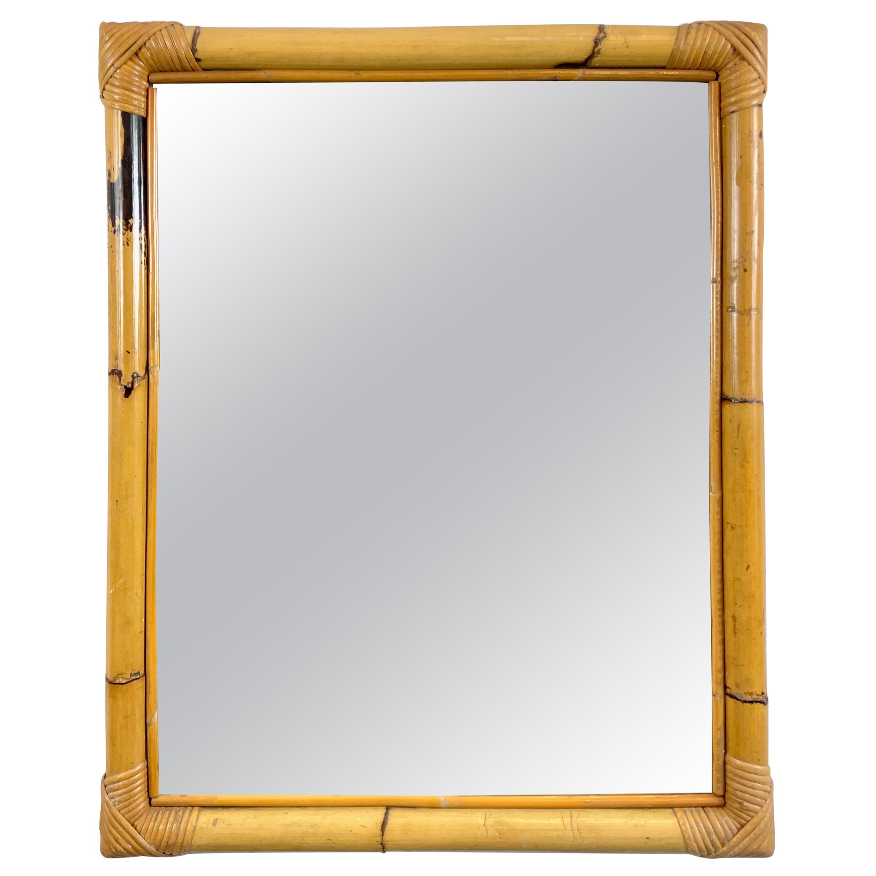 Bamboo and Rattan Rectangular Mirror with Glass Shelf, Spain, 1960s For