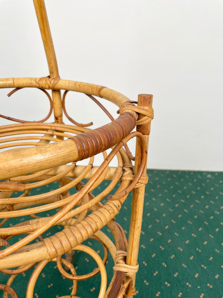 Bamboo Rattan Round Serving Bar Cart & Bottle Holder, Italy, 1960s For Sale 3