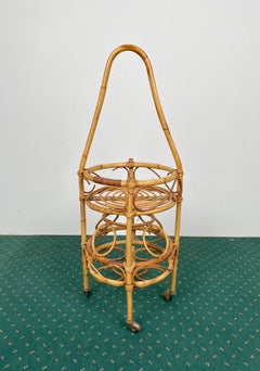 Bamboo Rattan Round Serving Bar Cart & Bottle Holder, Italy, 1960s