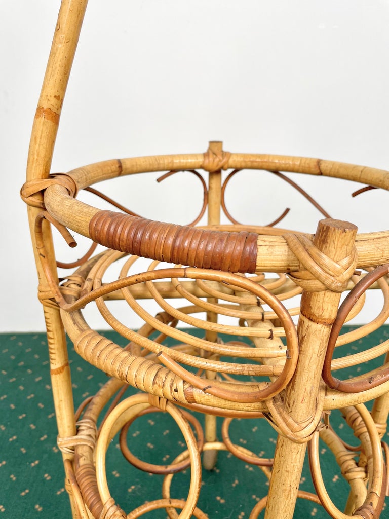 Bamboo Rattan Round Serving Bar Cart & Bottle Holder, Italy, 1960s For Sale 1