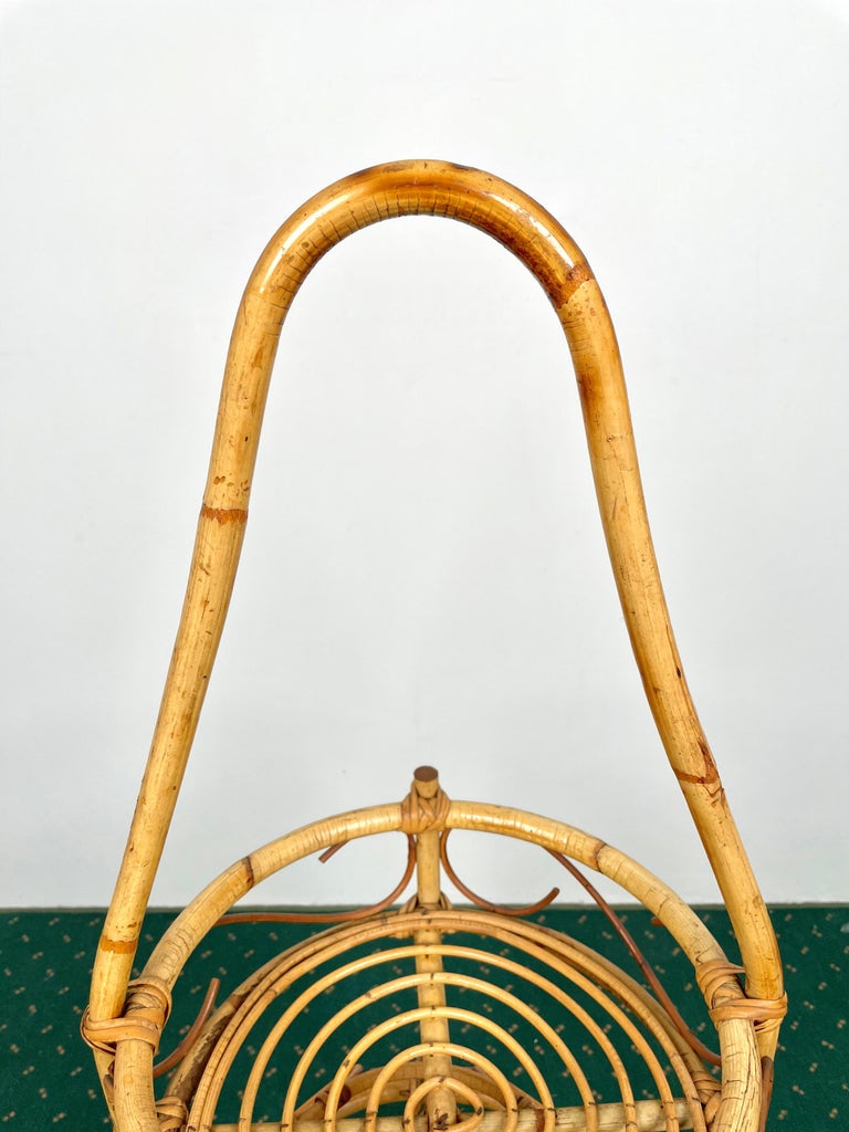 Bamboo Rattan Round Serving Bar Cart & Bottle Holder, Italy, 1960s For Sale 2