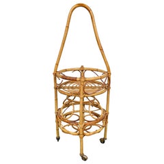 Vintage Bamboo Rattan Round Serving Bar Cart & Bottle Holder, Italy, 1960s