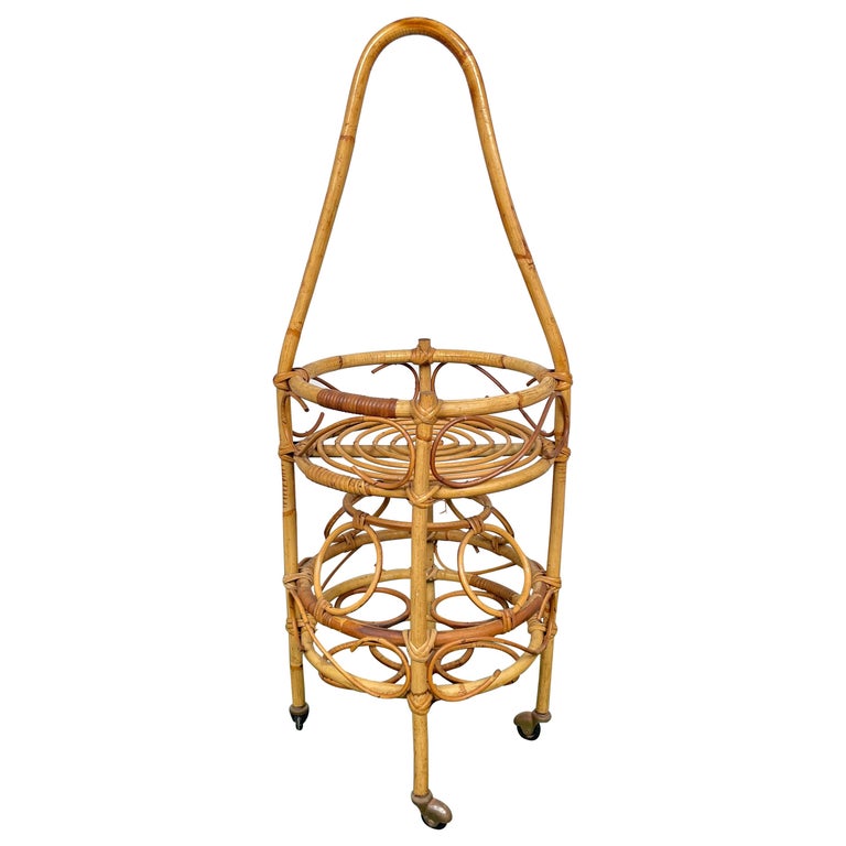 Bamboo Rattan Round Serving Bar Cart & Bottle Holder, Italy, 1960s For Sale