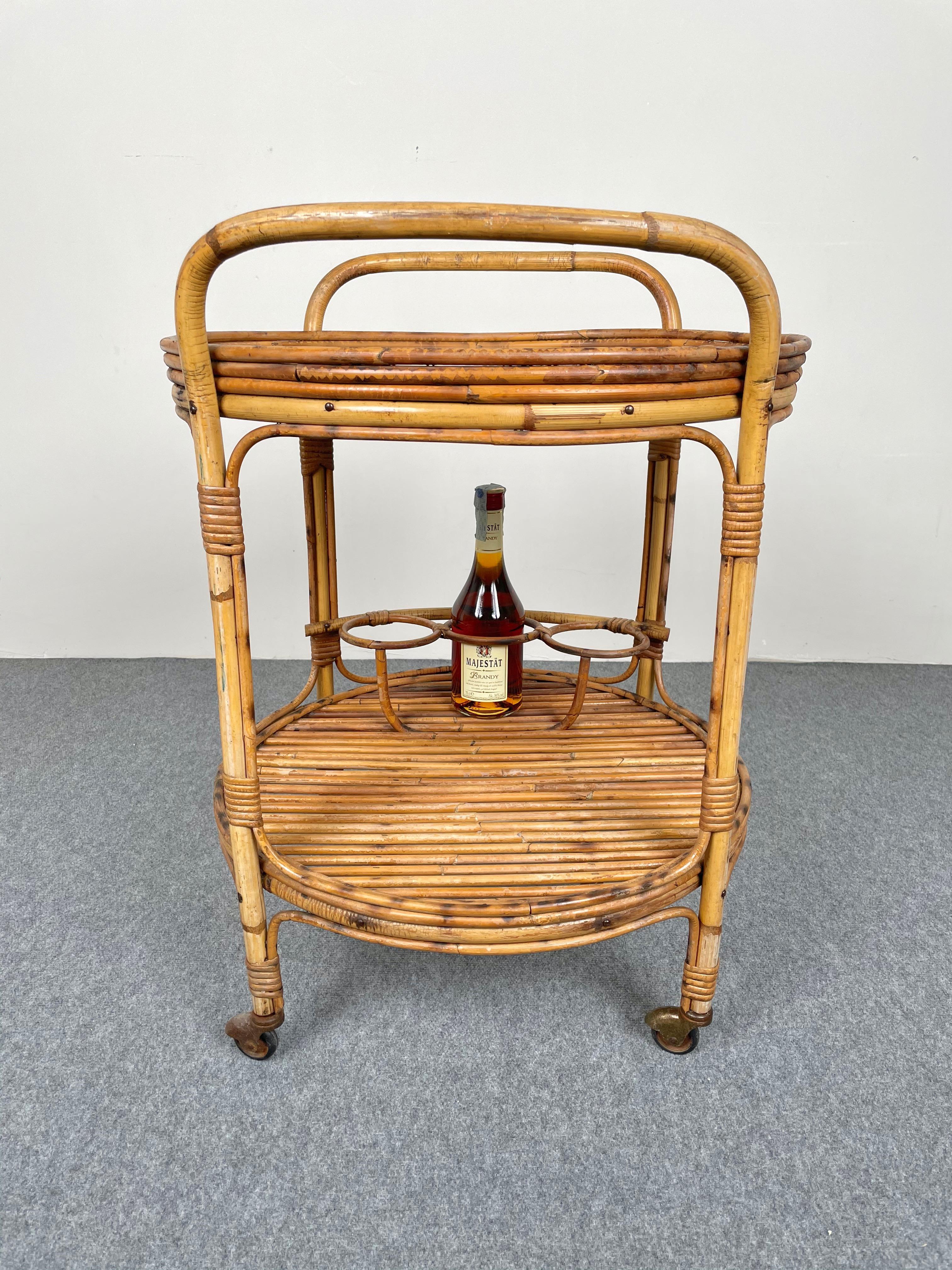 Bamboo and Rattan Round Serving Bar Cart Trolley, Italy, 1960s at