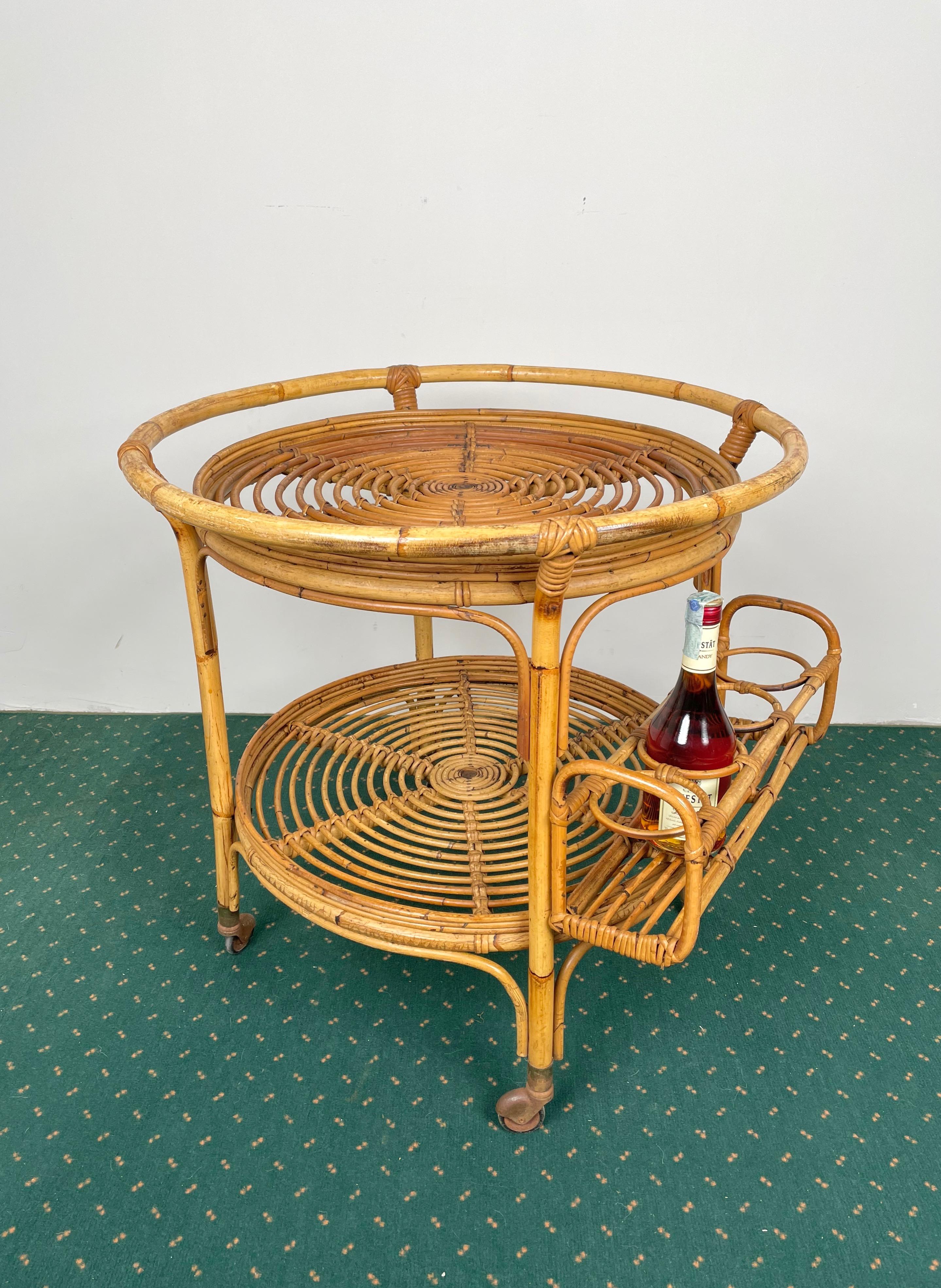 Bamboo & Rattan Round Serving Bar Cart Trolley, Italy, 1960s For Sale 2