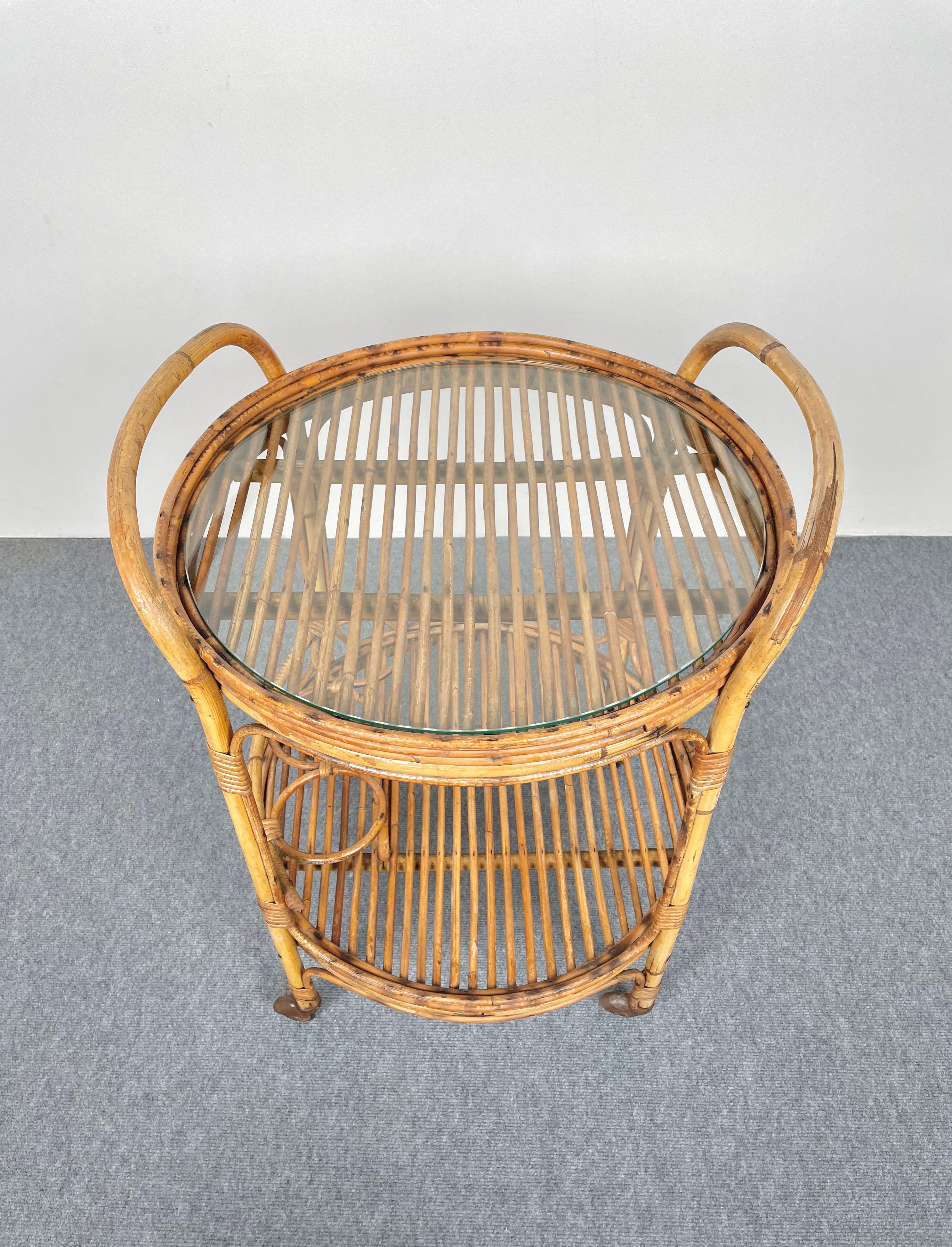 Bamboo & Rattan Round Serving Bar Cart Trolley, Italy, 1960s 2