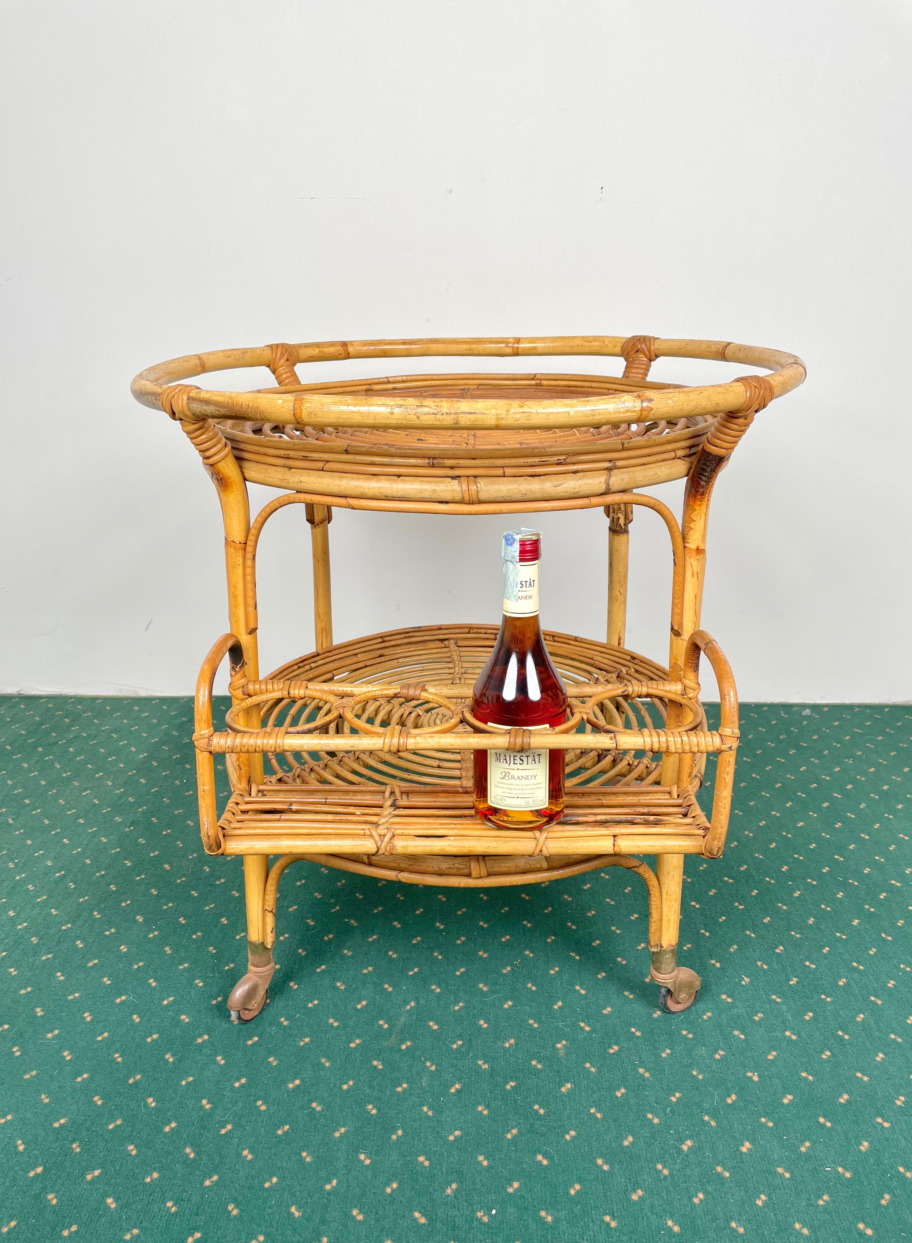 Bamboo & Rattan Round Serving Bar Cart Trolley, Italy, 1960s For Sale 3