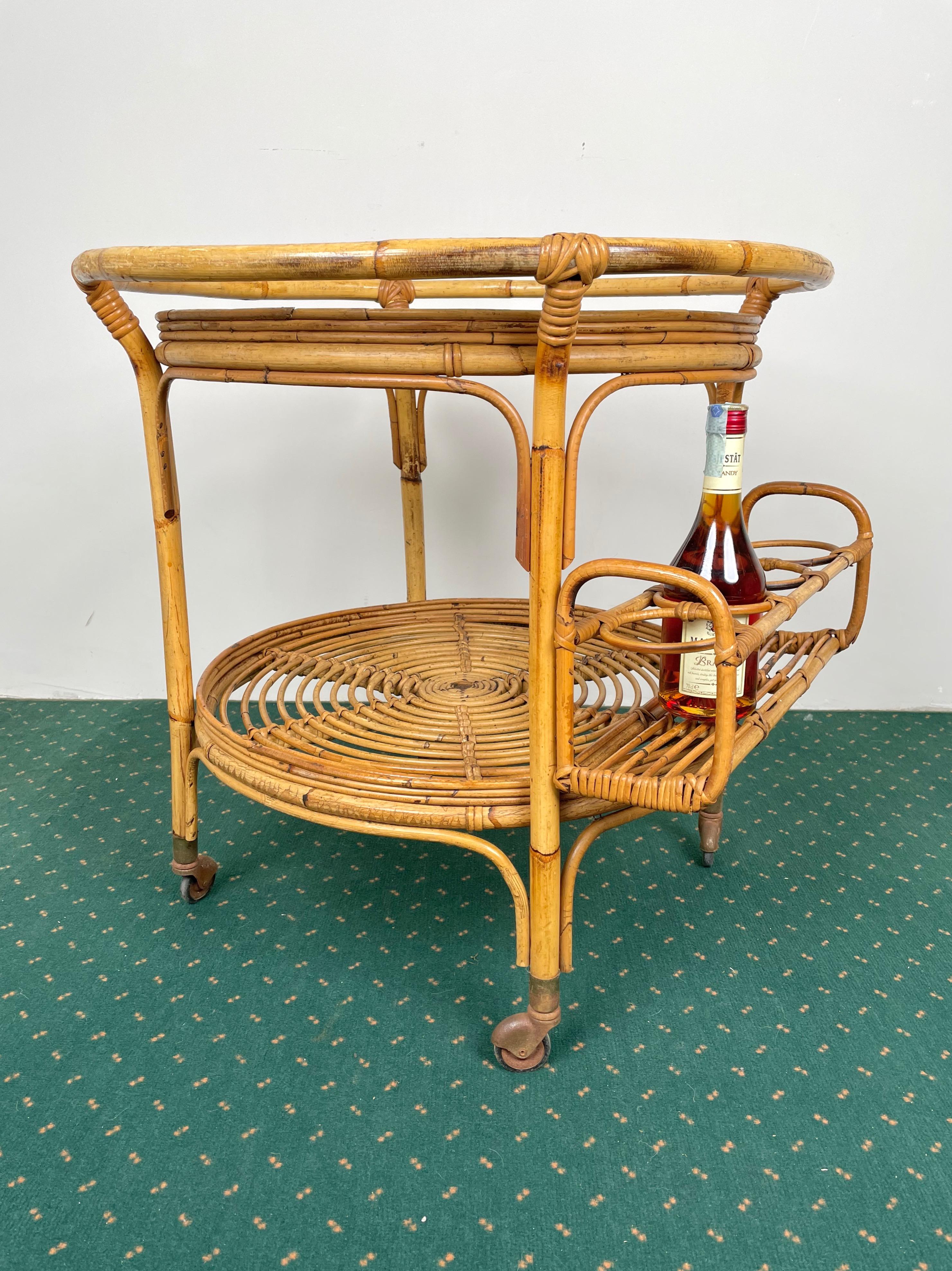 Bamboo & Rattan Round Serving Bar Cart Trolley, Italy, 1960s For Sale 5