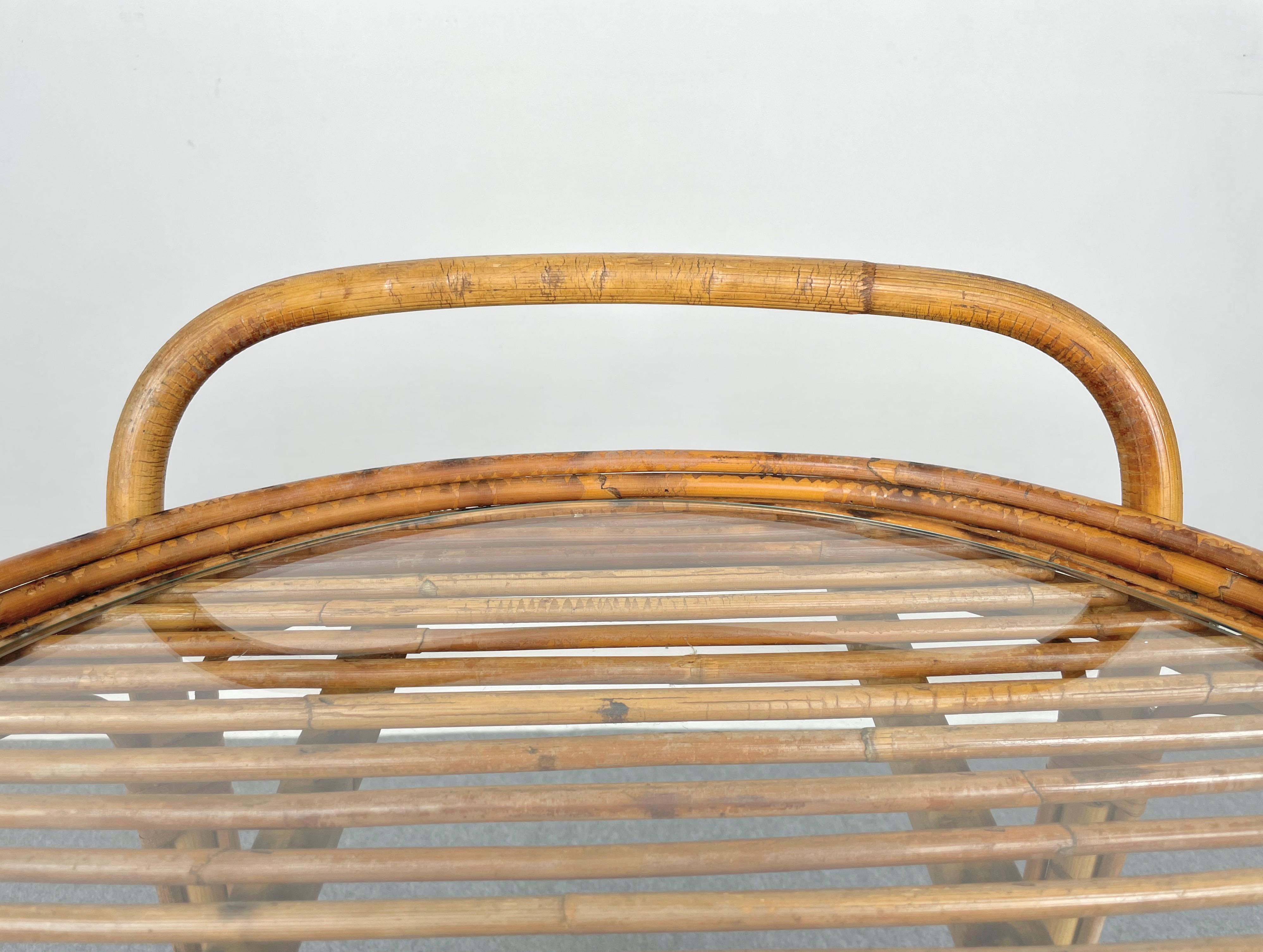 Bamboo & Rattan Round Serving Bar Cart Trolley, Italy, 1960s 5