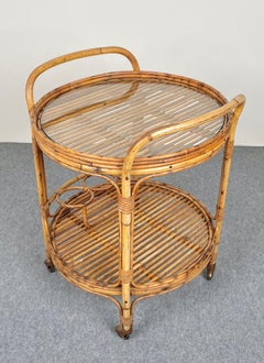 Bamboo & Rattan Round Serving Bar Cart Trolley, Italy, 1960s