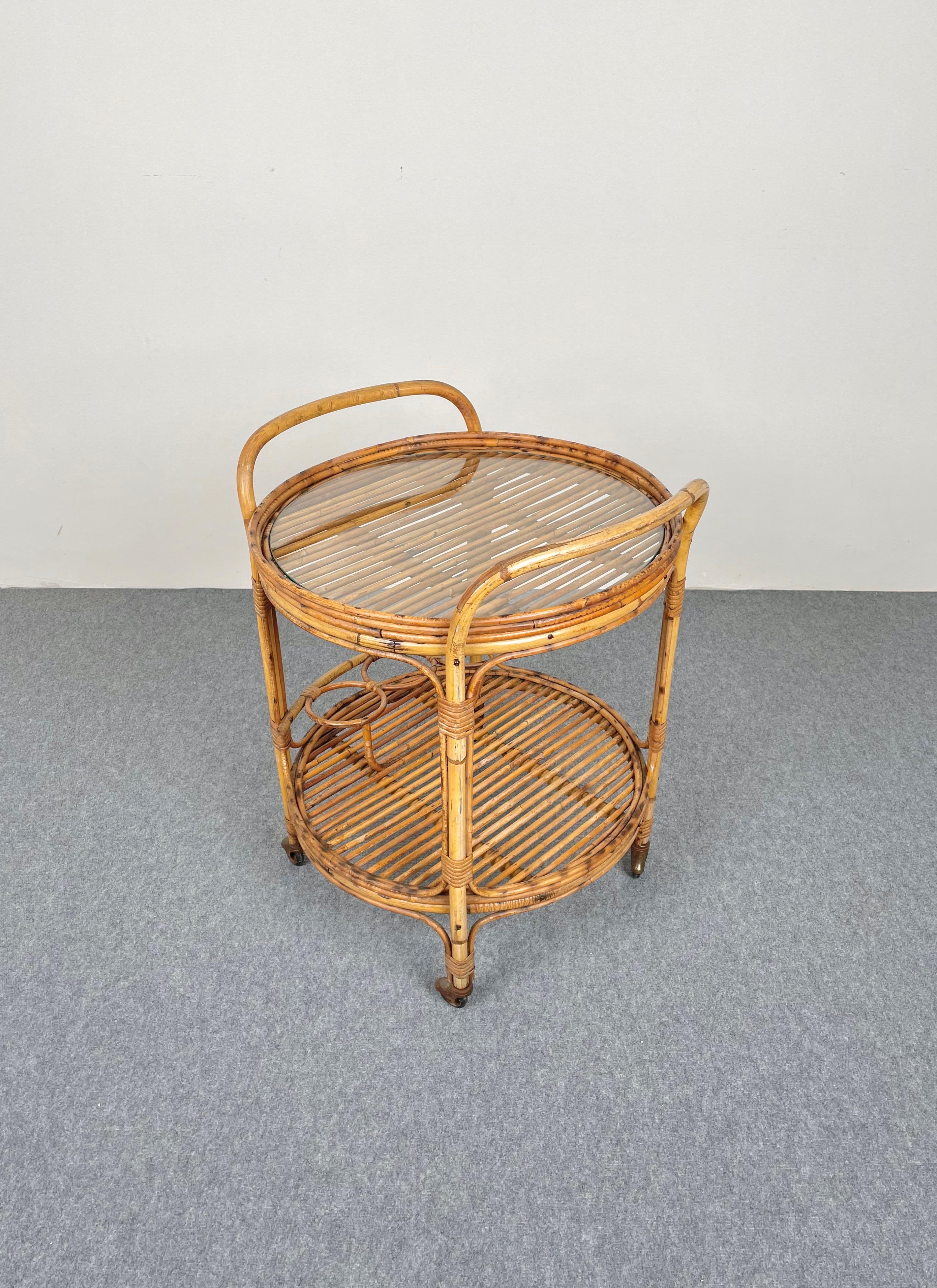 Bamboo and Rattan Round Serving Bar Cart Trolley, Italy, 1960s at