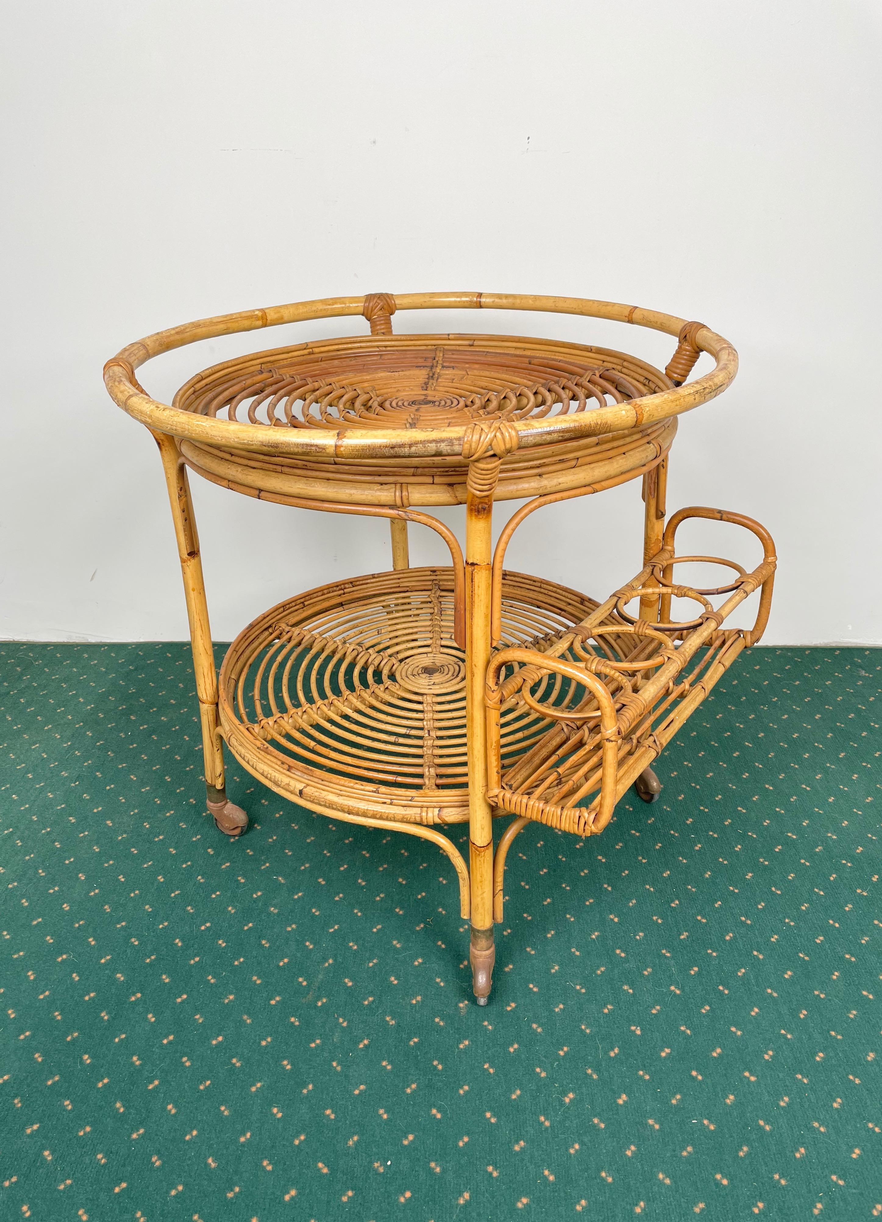 Italian Bamboo & Rattan Round Serving Bar Cart Trolley, Italy, 1960s For Sale