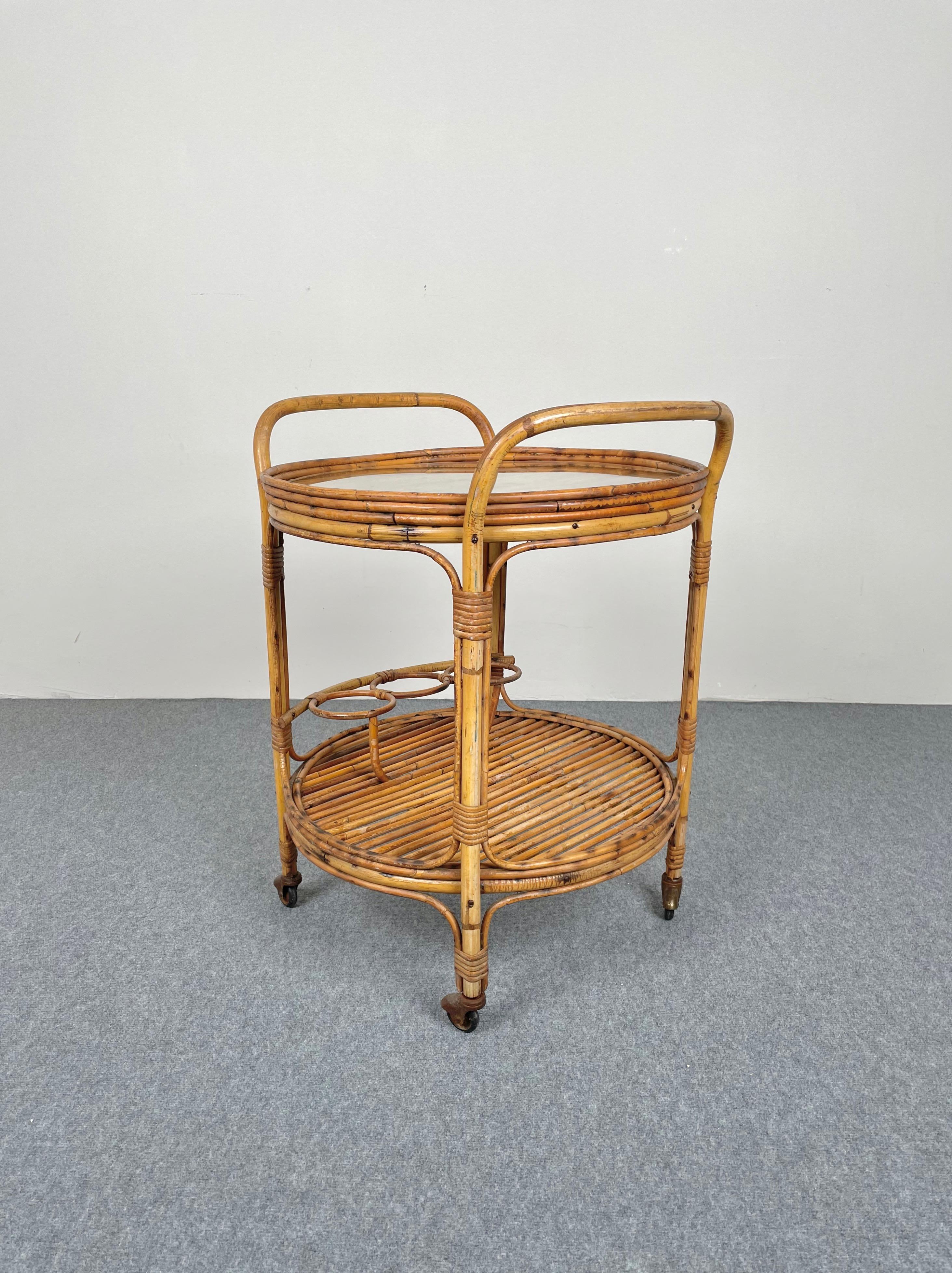 Mid-Century Modern Bamboo & Rattan Round Serving Bar Cart Trolley, Italy, 1960s