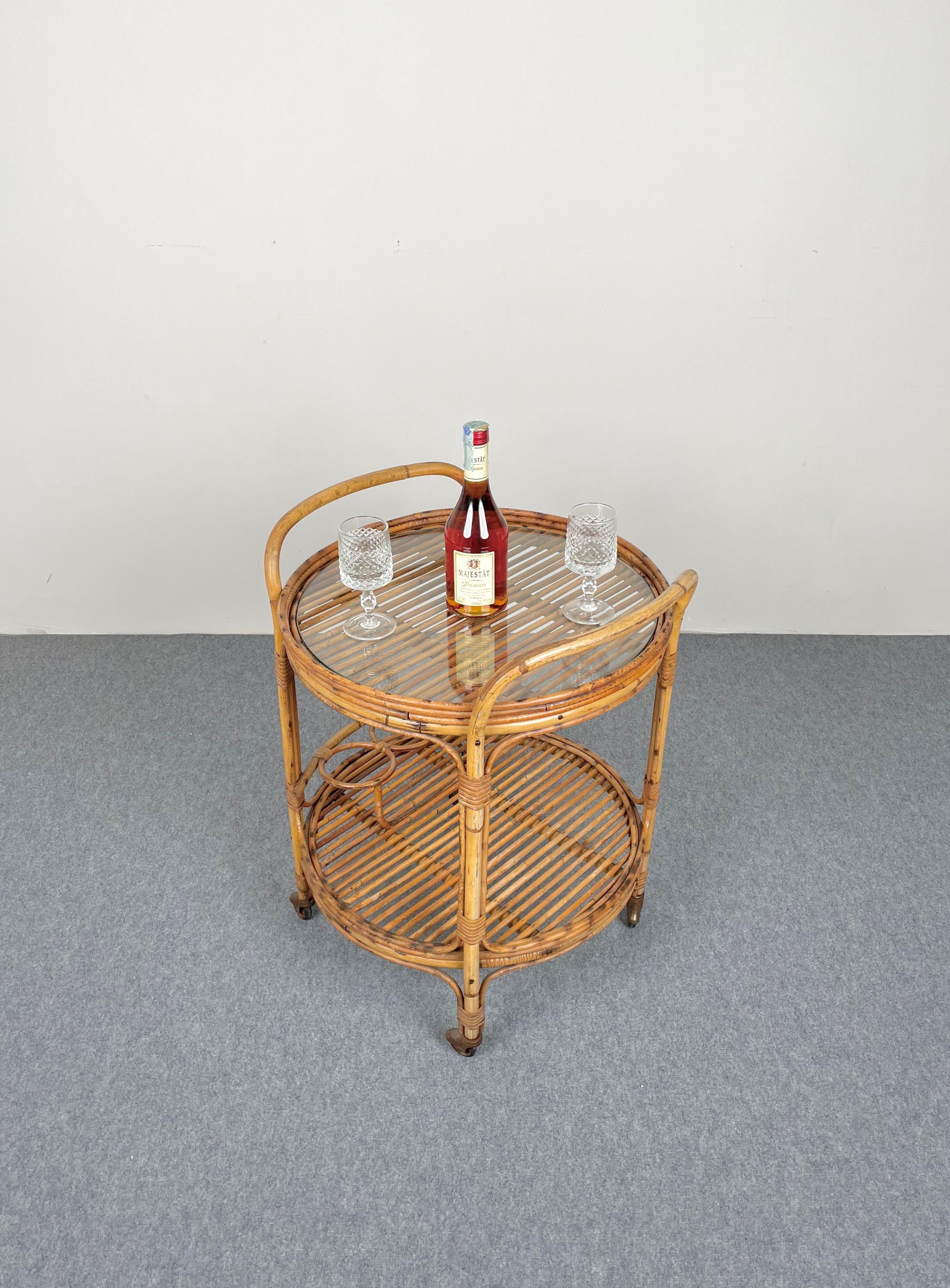 Bamboo and Rattan Round Serving Bar Cart Trolley, Italy, 1960s at