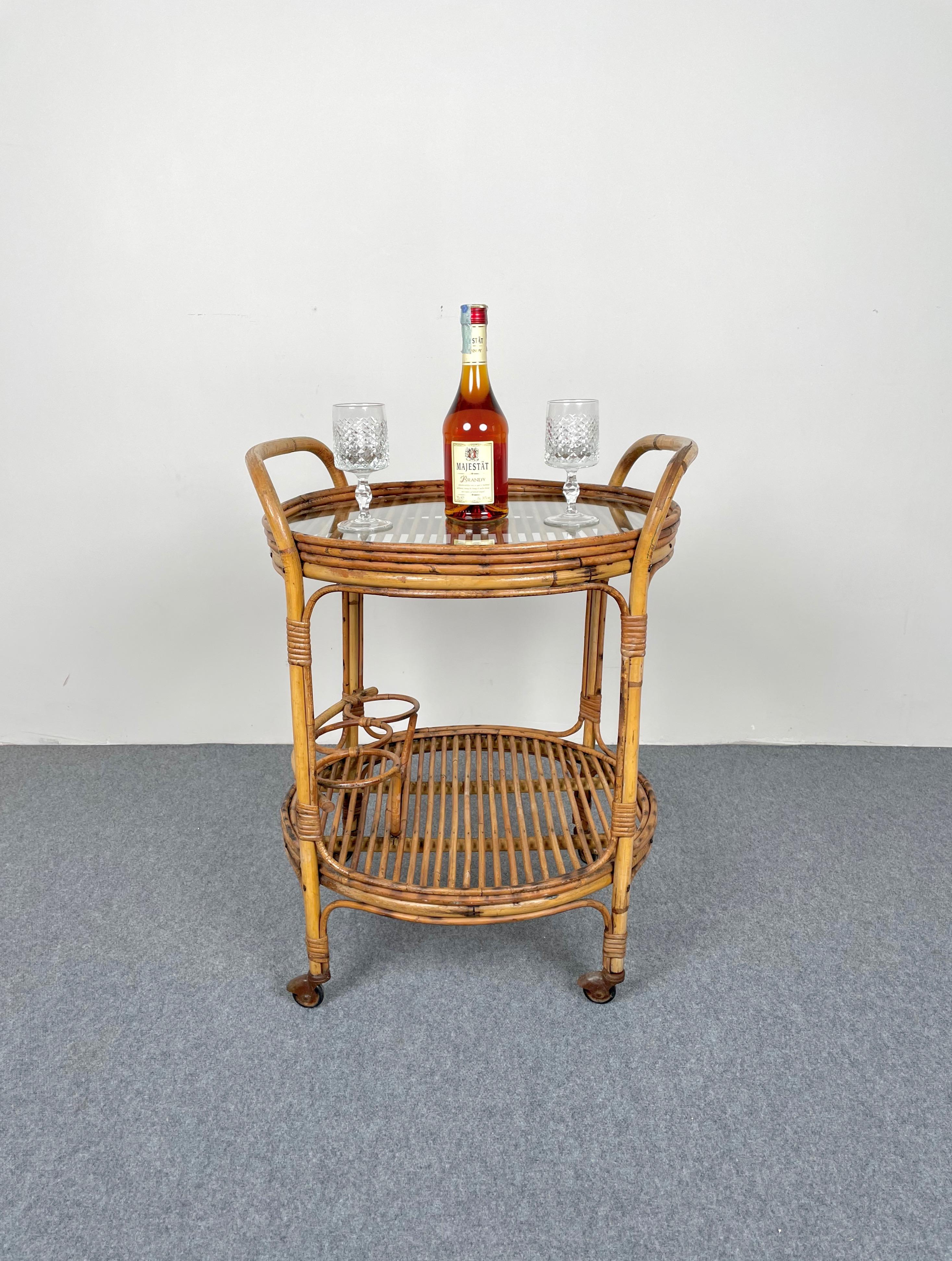 Bamboo & Rattan Round Serving Bar Cart Trolley, Italy, 1960s In Good Condition In Rome, IT