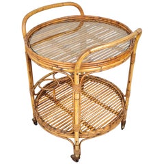 Bamboo & Rattan Round Serving Bar Cart Trolley, Italy, 1960s