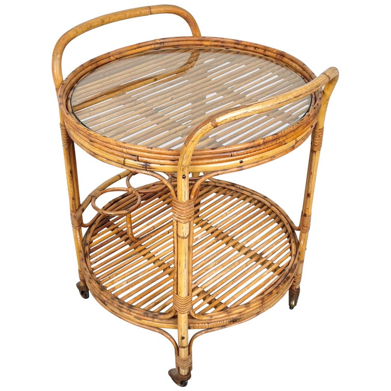 Bamboo and Rattan Round Serving Bar Cart Trolley, Italy, 1960s at 1stDibs