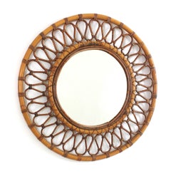 Bamboo Rattan Round Wall Mirror, Spain, 1960s