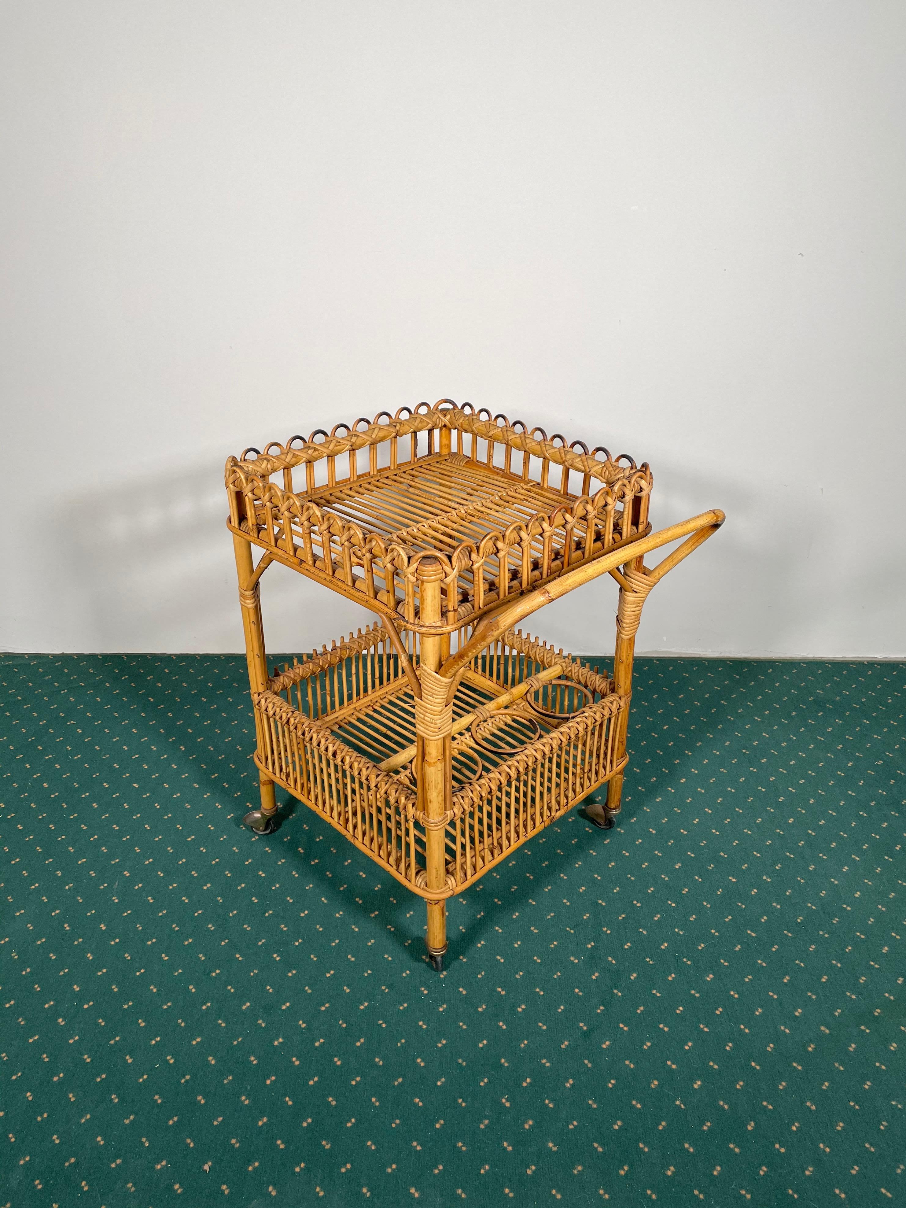 Bamboo Rattan Serving Bar Cart Trolley, Italy, 1960s 4