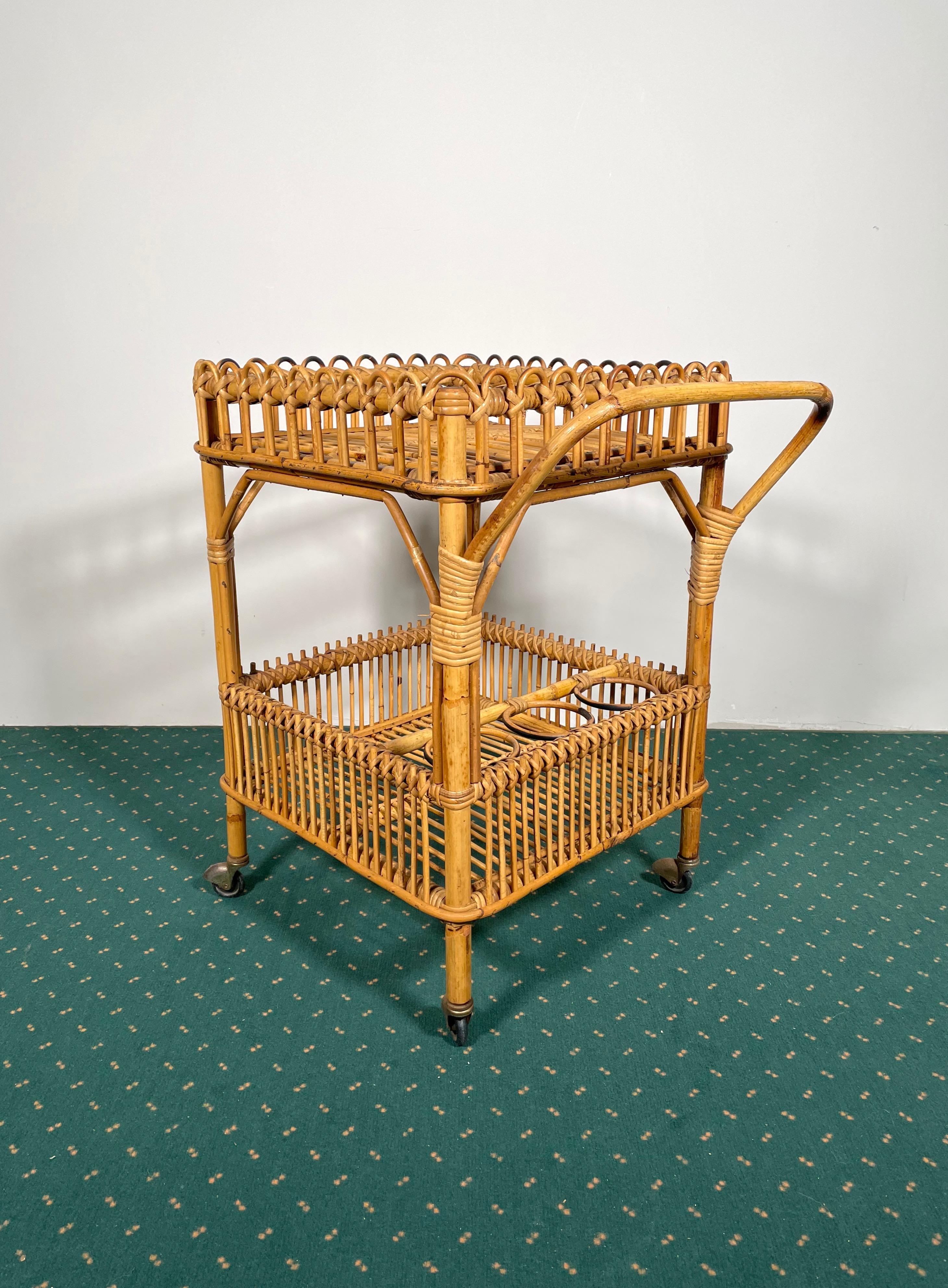 Bamboo Rattan Serving Bar Cart Trolley, Italy, 1960s 5