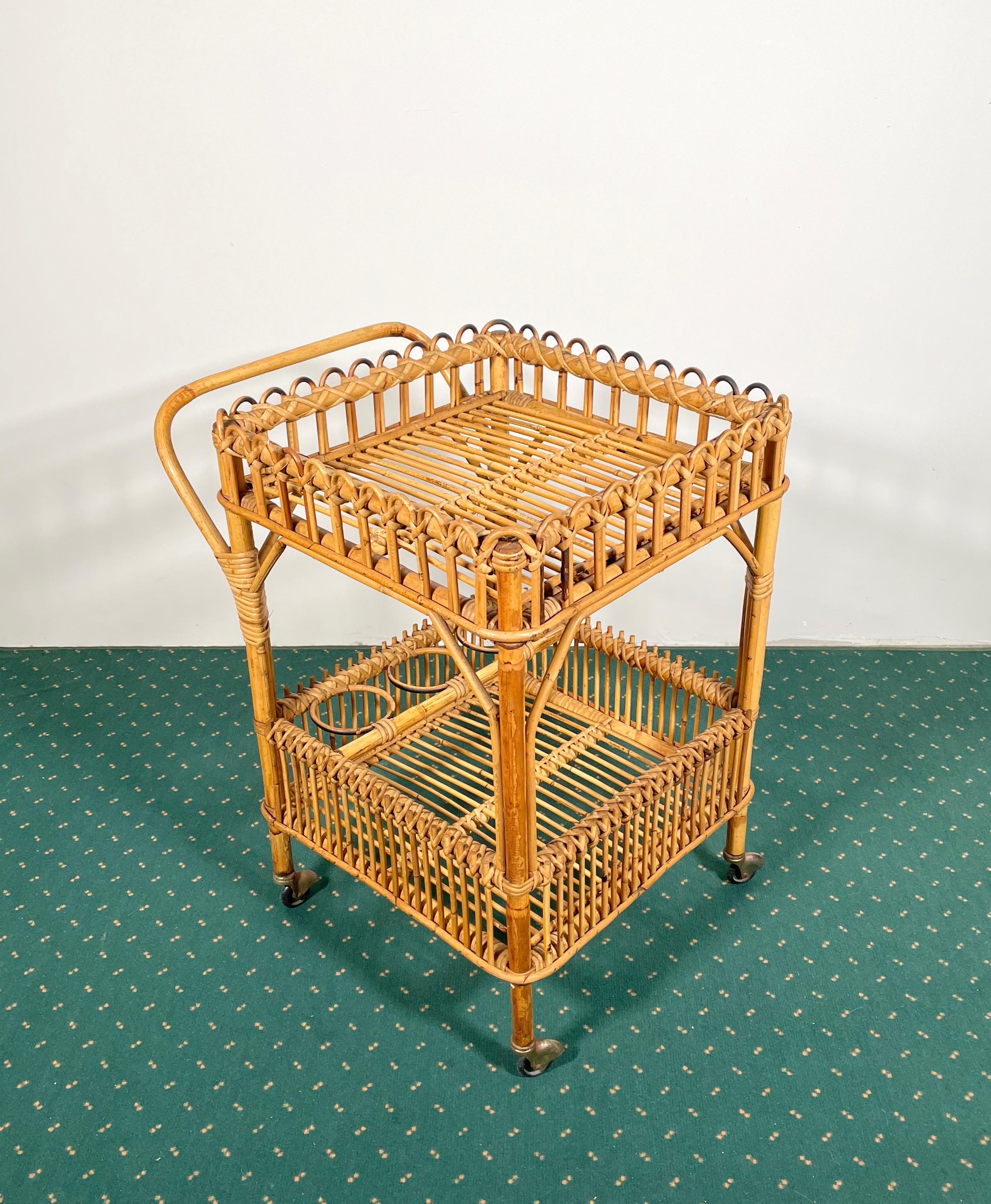 Bamboo Rattan Serving Bar Cart Trolley, Italy, 1960s 6