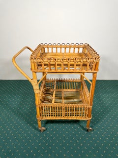 Bamboo Rattan Serving Bar Cart Trolley, Italy, 1960s